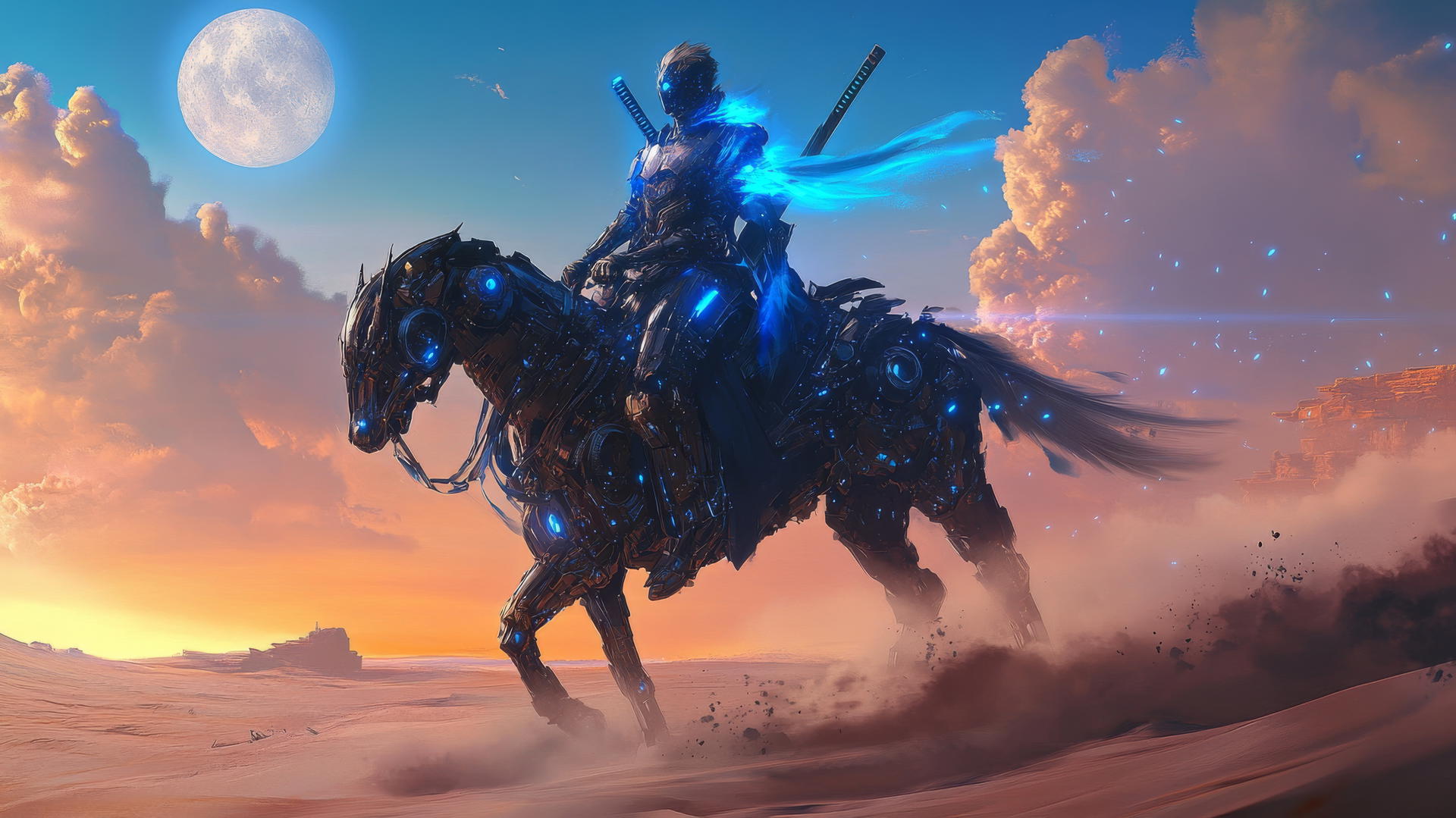 Futuristic samurai with glowing blue armor riding a cybernetic horse in a desert with two moons.