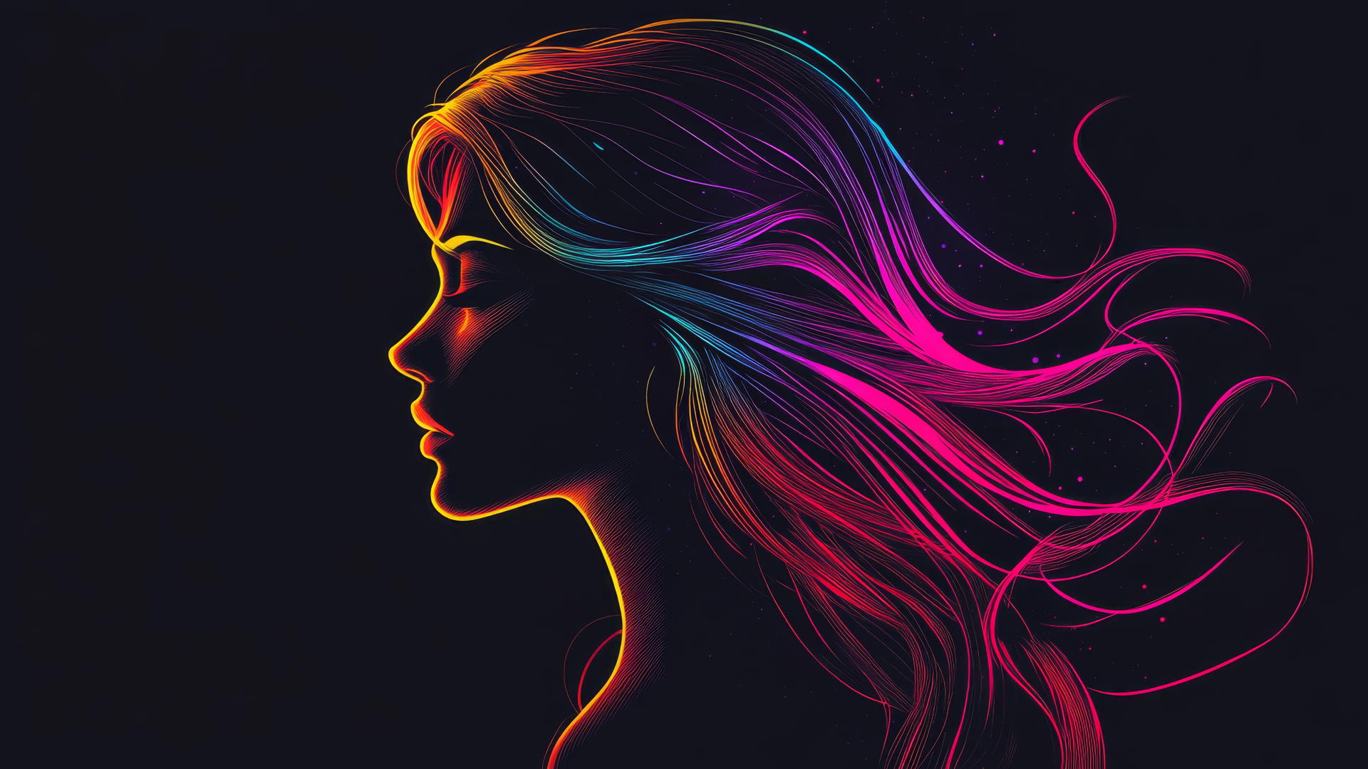 Silhouette of girl's face with glowing neon outlines and soft highlights on black background