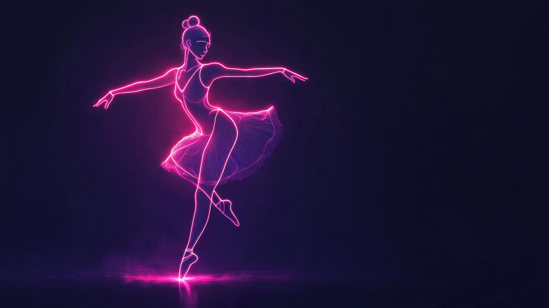 Glowing outline of a ballerina dancing with neon trails on a dark background
