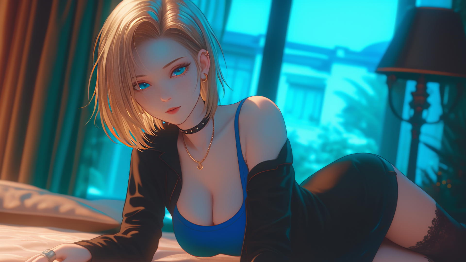 Android 18 on all fours in a modern hotel
