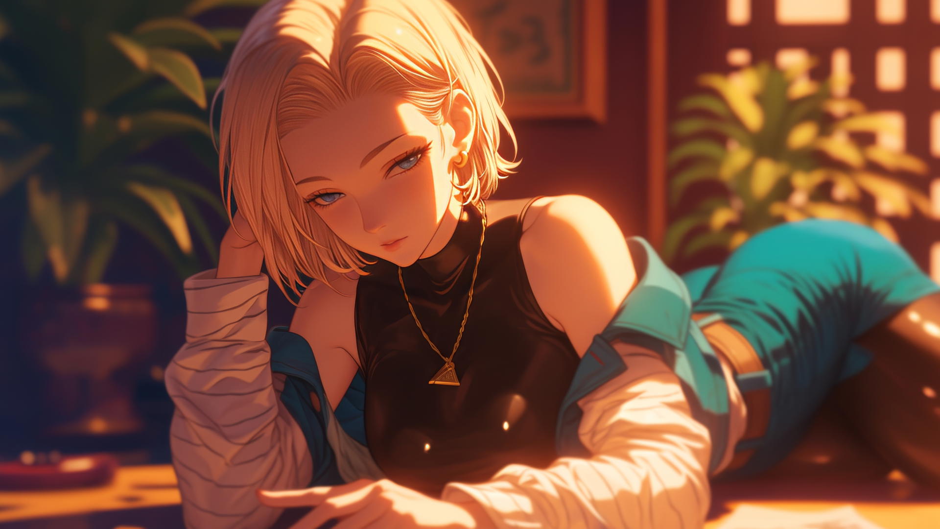 Android 18 on all fours in a modern hotel, short blonde hair