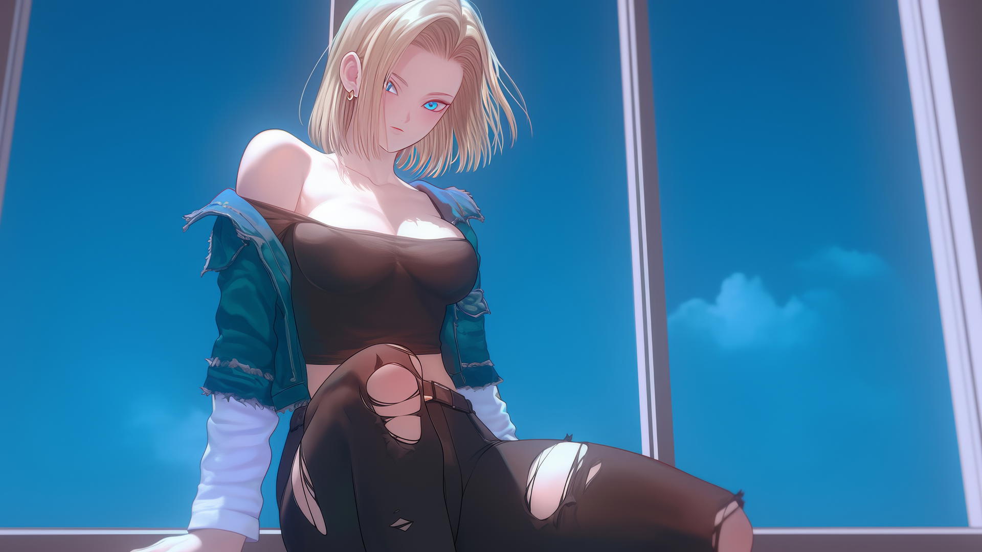Android 18 kneeling in a modern hotel