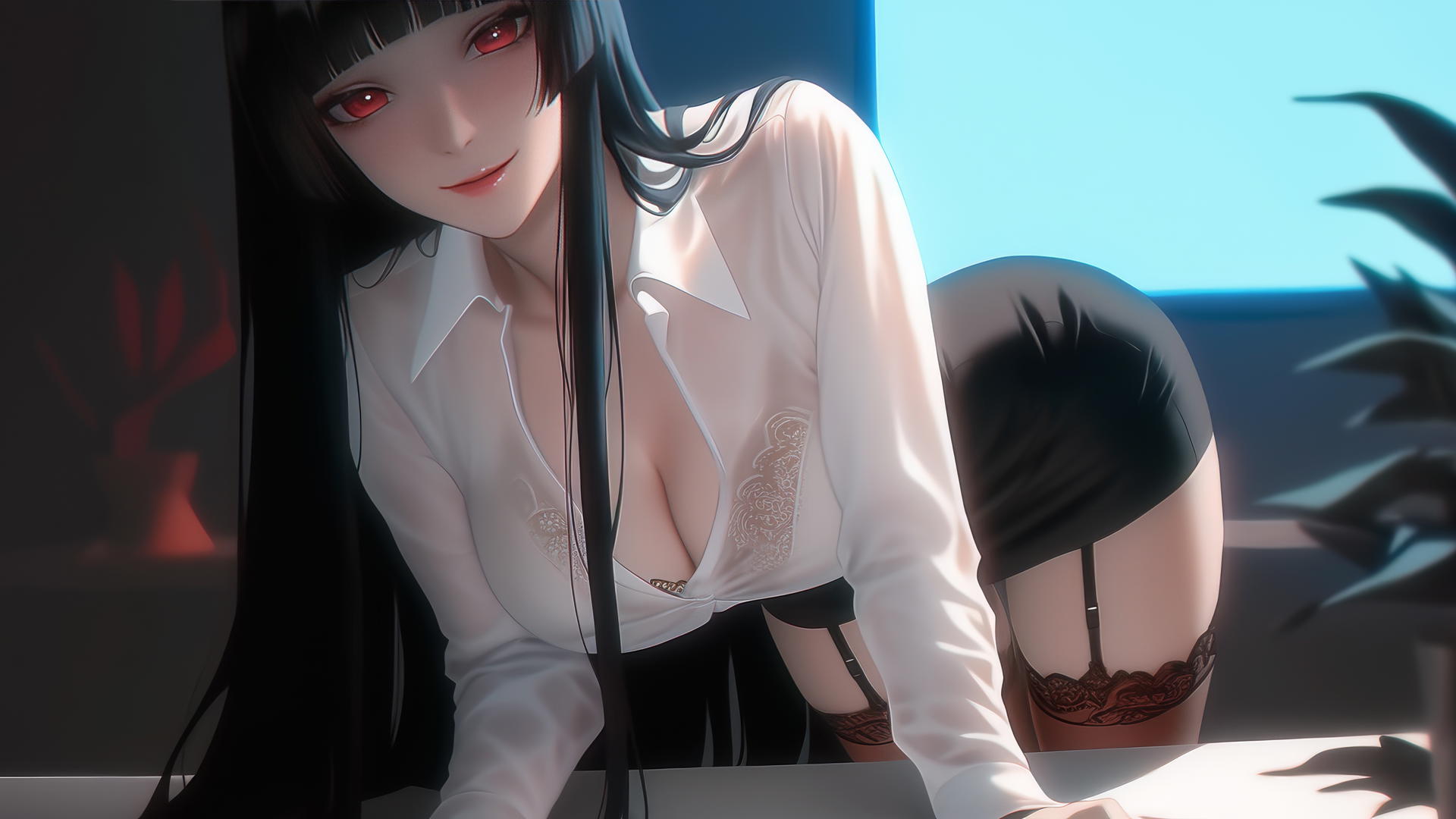 Yumeko Jabami kneeling in a modern hotel room