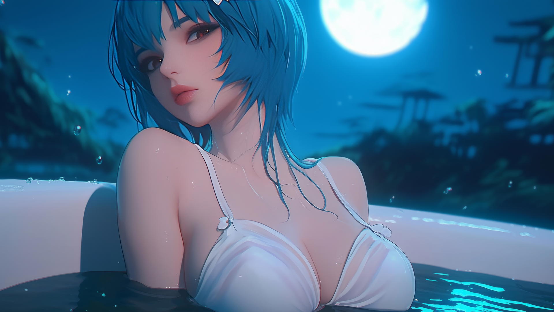 Rei Ayanami resting in a moonlit tub, with short blue hair