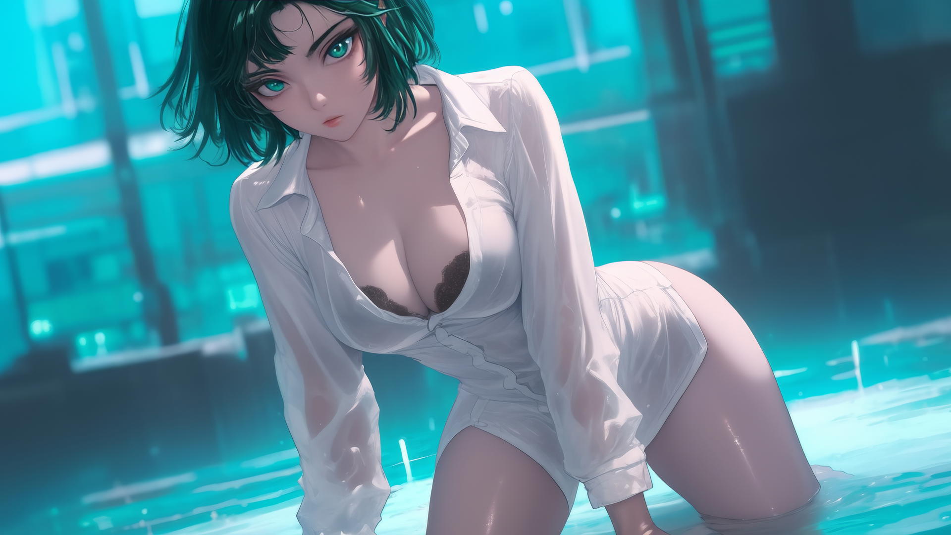 Fubuki kneeling at modern hotel in white shirt and green hair