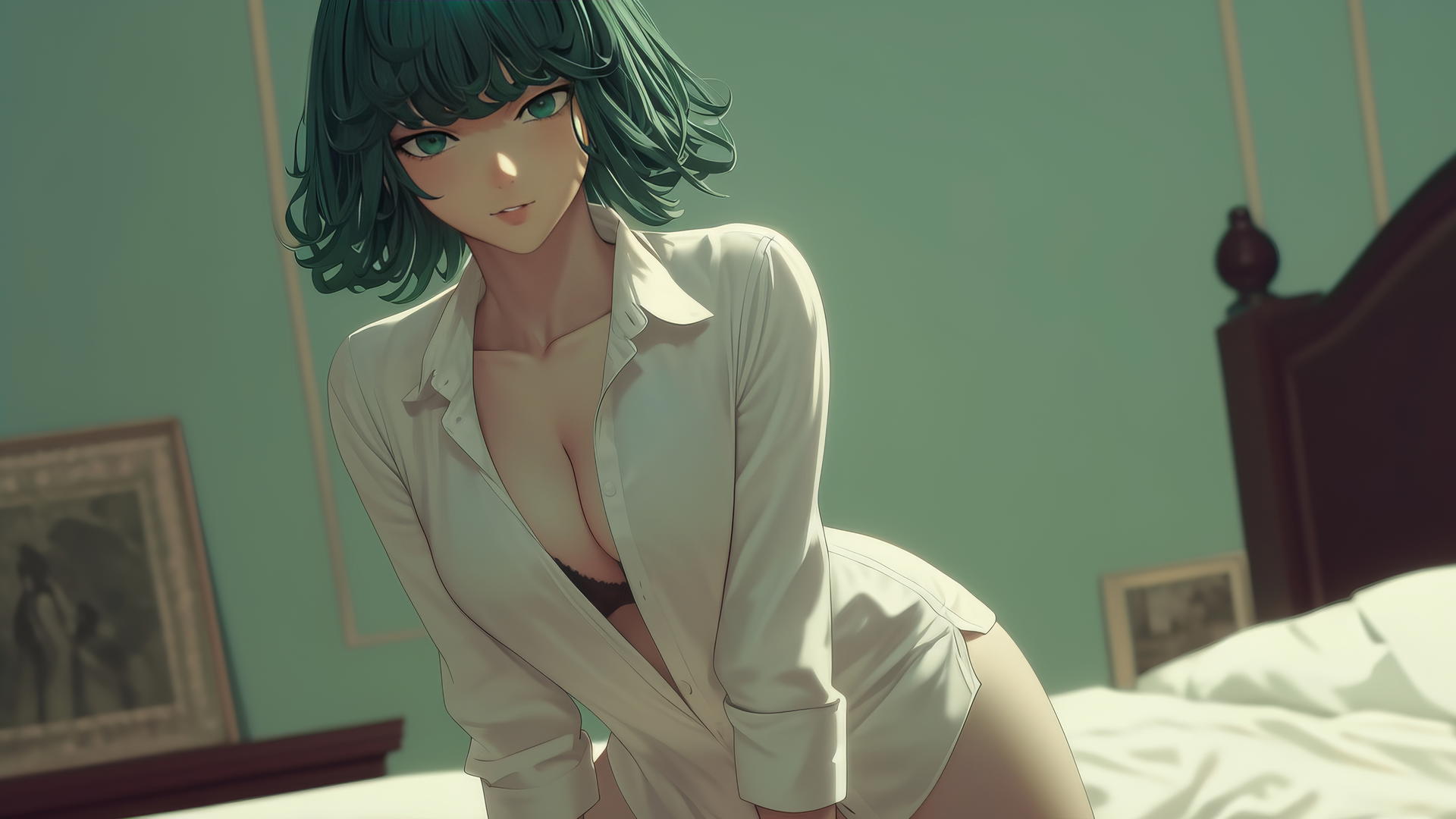 Fubuki kneeling on all fours in a hotel