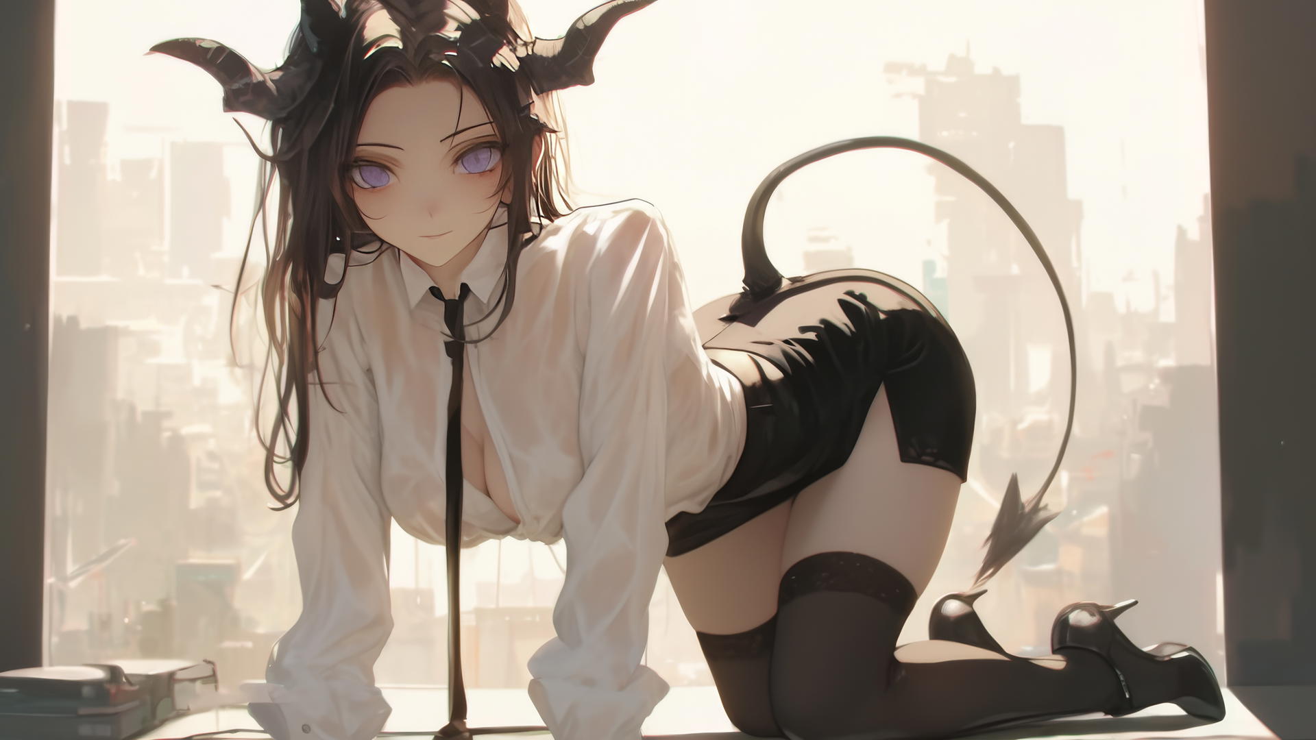 A stunning demon girl kneeling on all fours in a modern hotel, wearing a white office shirt.