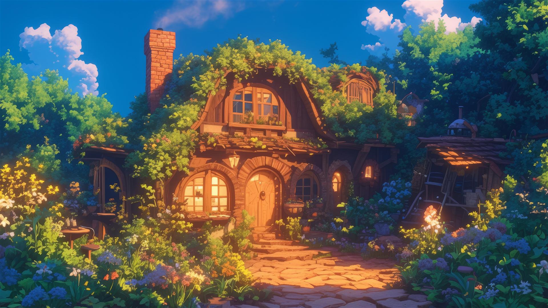 Ghibli-style cottage in blooming enchanted garden.