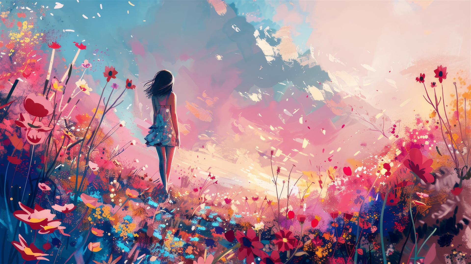 Girl walking among flowers under a pink-blue sky, Van Gogh style