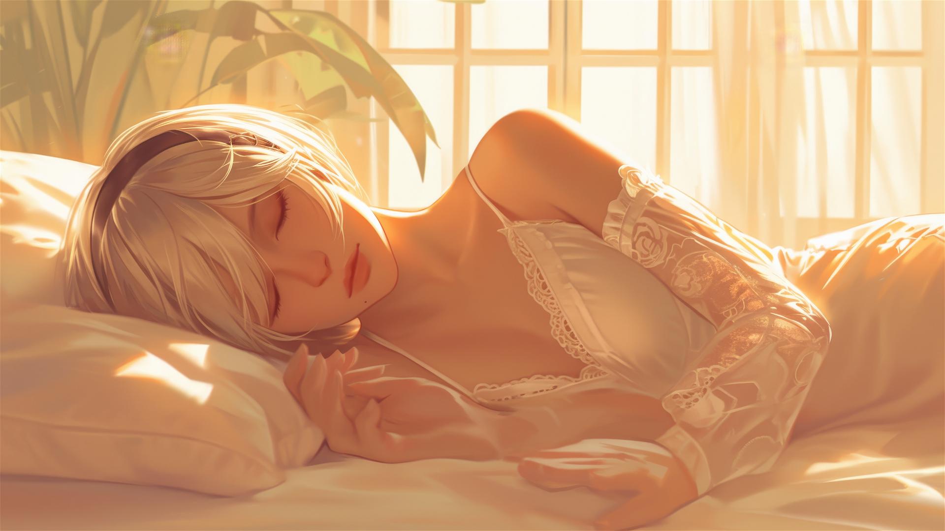 2B from Nier in white silk pajamas, resting at sunrise.