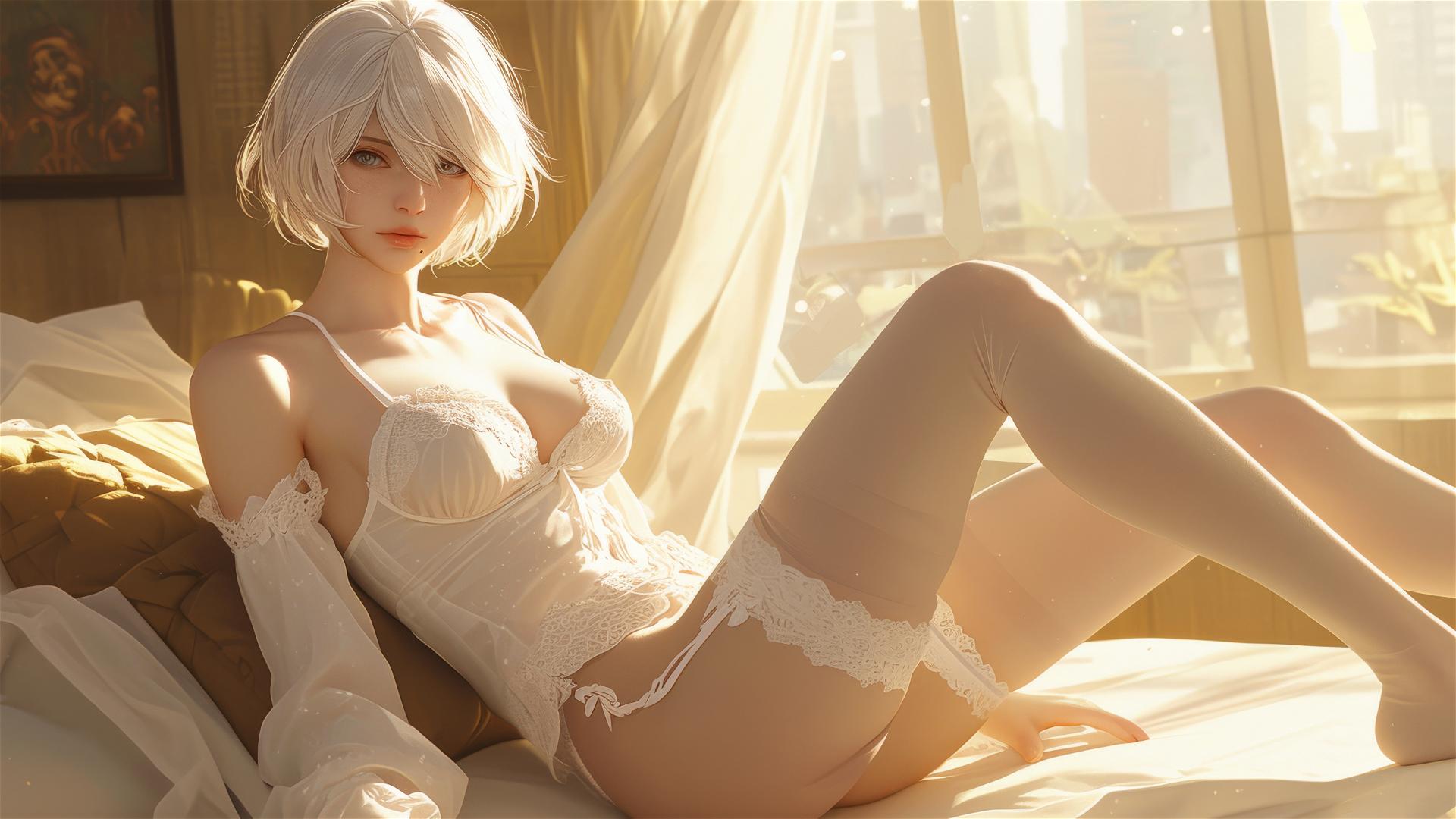 2B from Nier in white silk pajamas resting at sunrise.