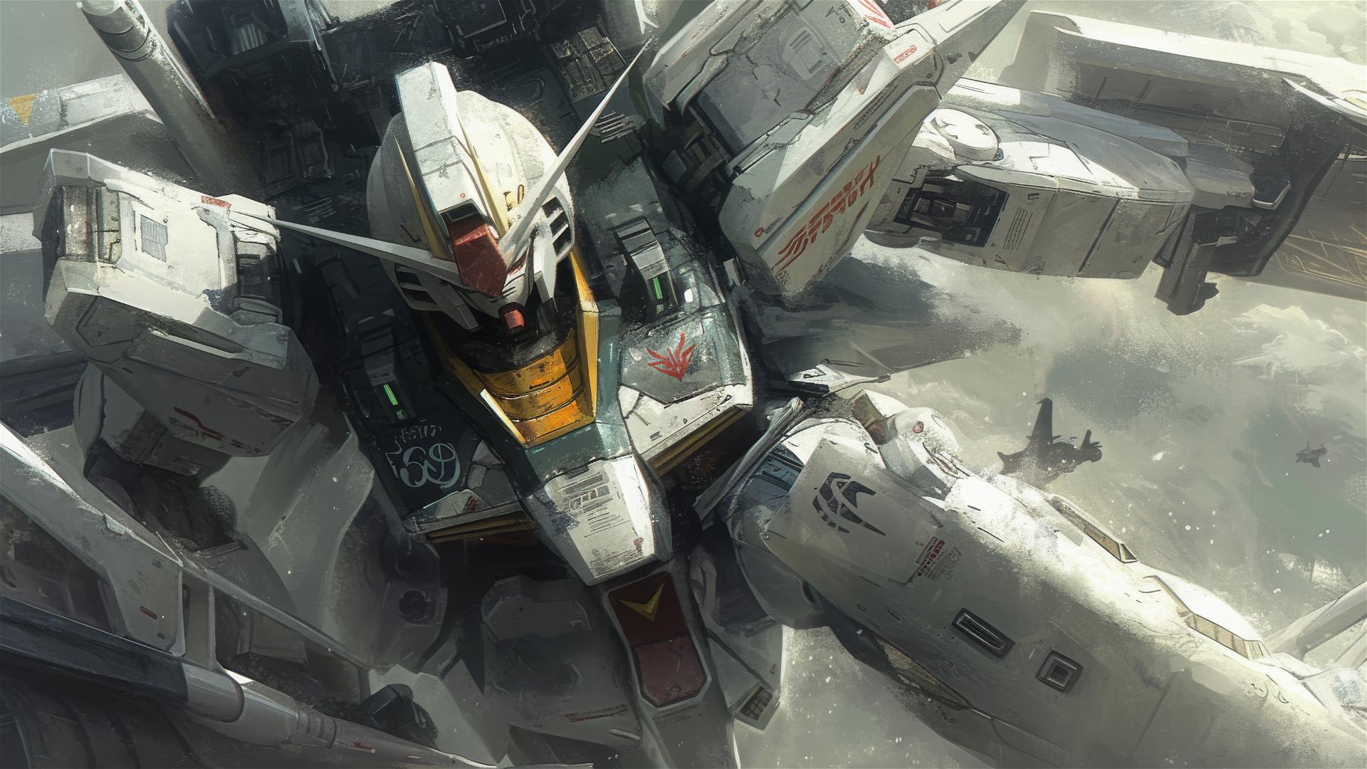 Gundam flying in Roger Deakins cinematic style