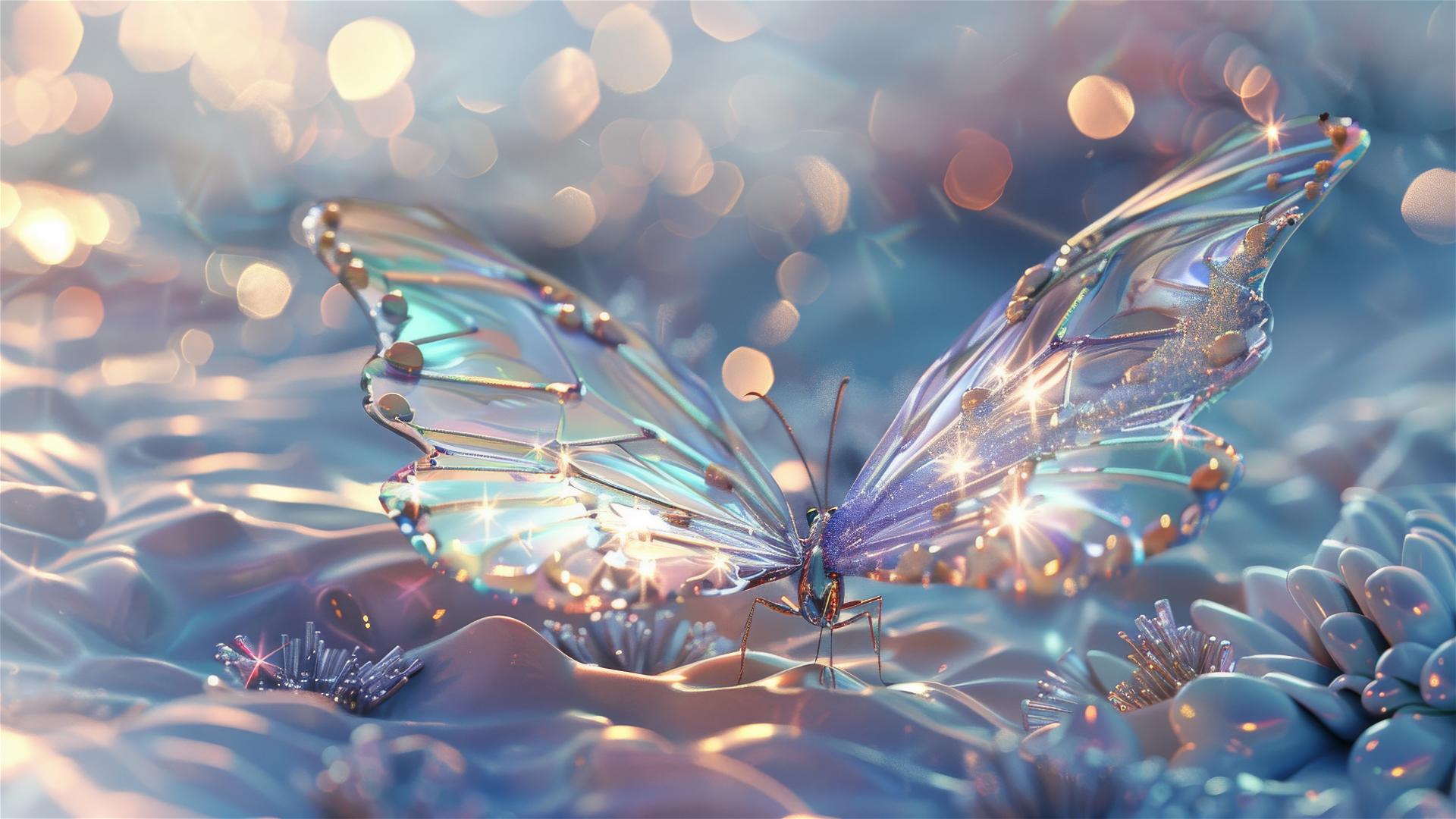 Crystal butterfly with ice blue and silver white hues, dreamy Cinema4D style, luminous and ethereal.
