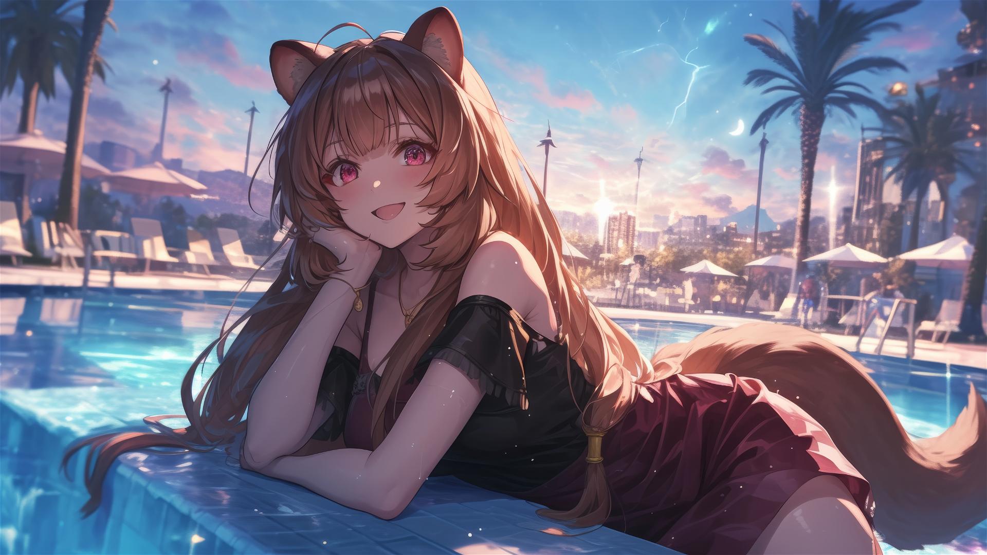 Raphtalia from The Rising of the Shield Hero resting by a pool under moonlight