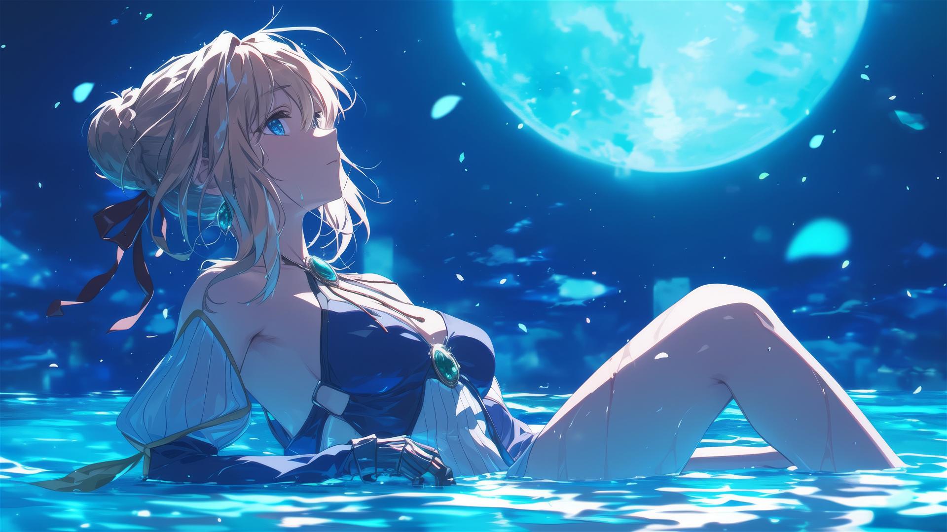 Violet Evergarden swimming in moonlit pool