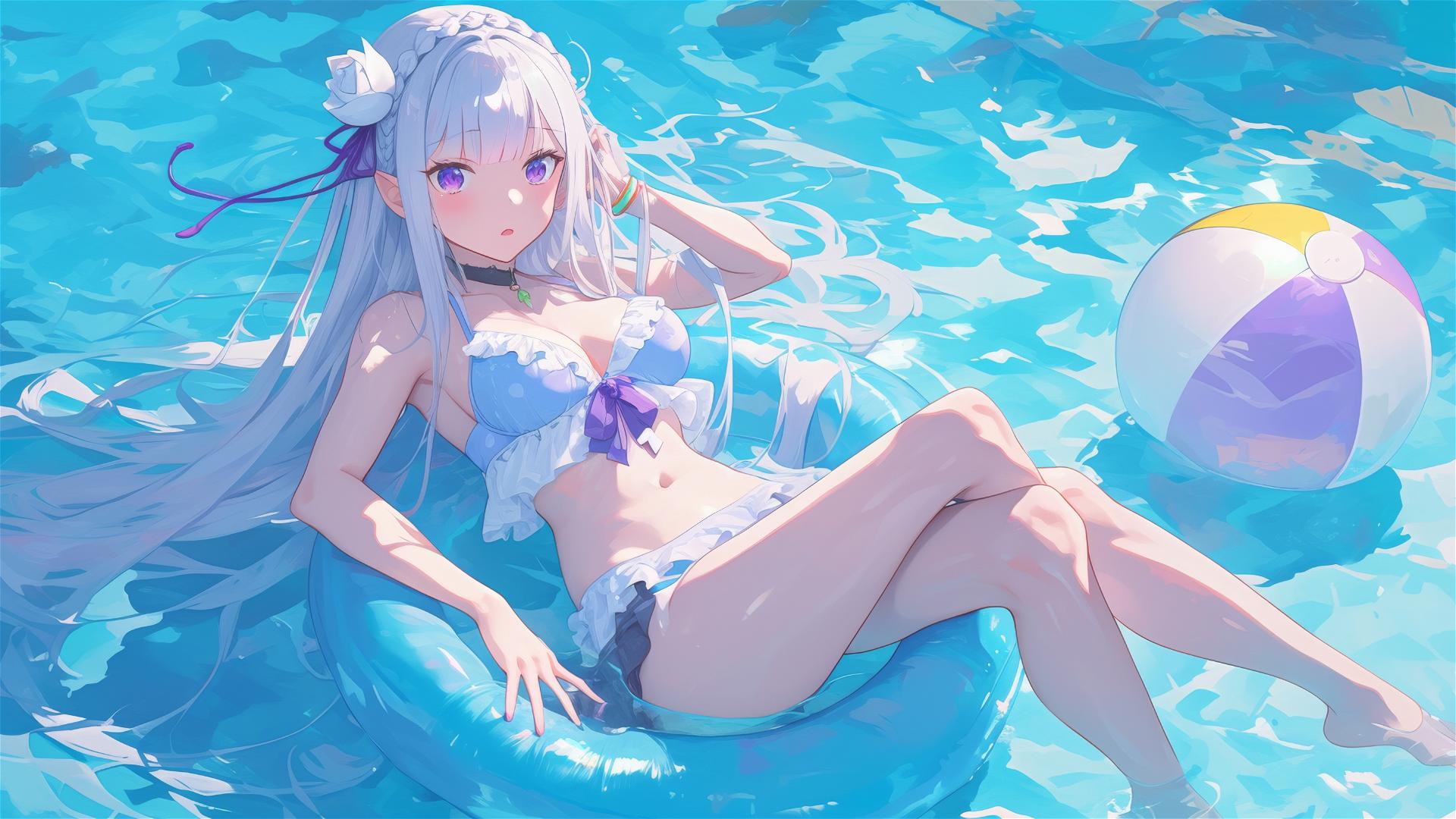 Emilia from Re:Zero relaxing in pool under moonlight