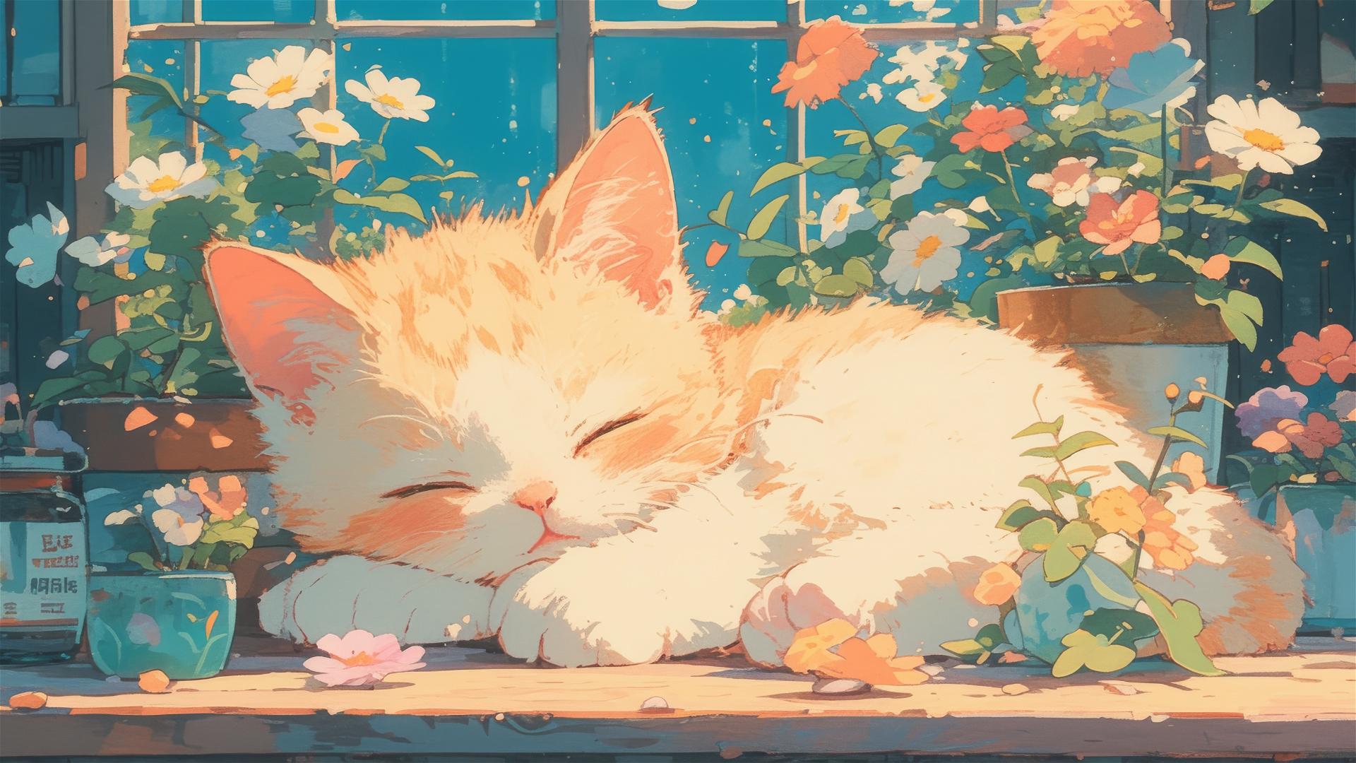 Sleepy British Shorthair among colorful flowers in a panoramic Japanese animation style