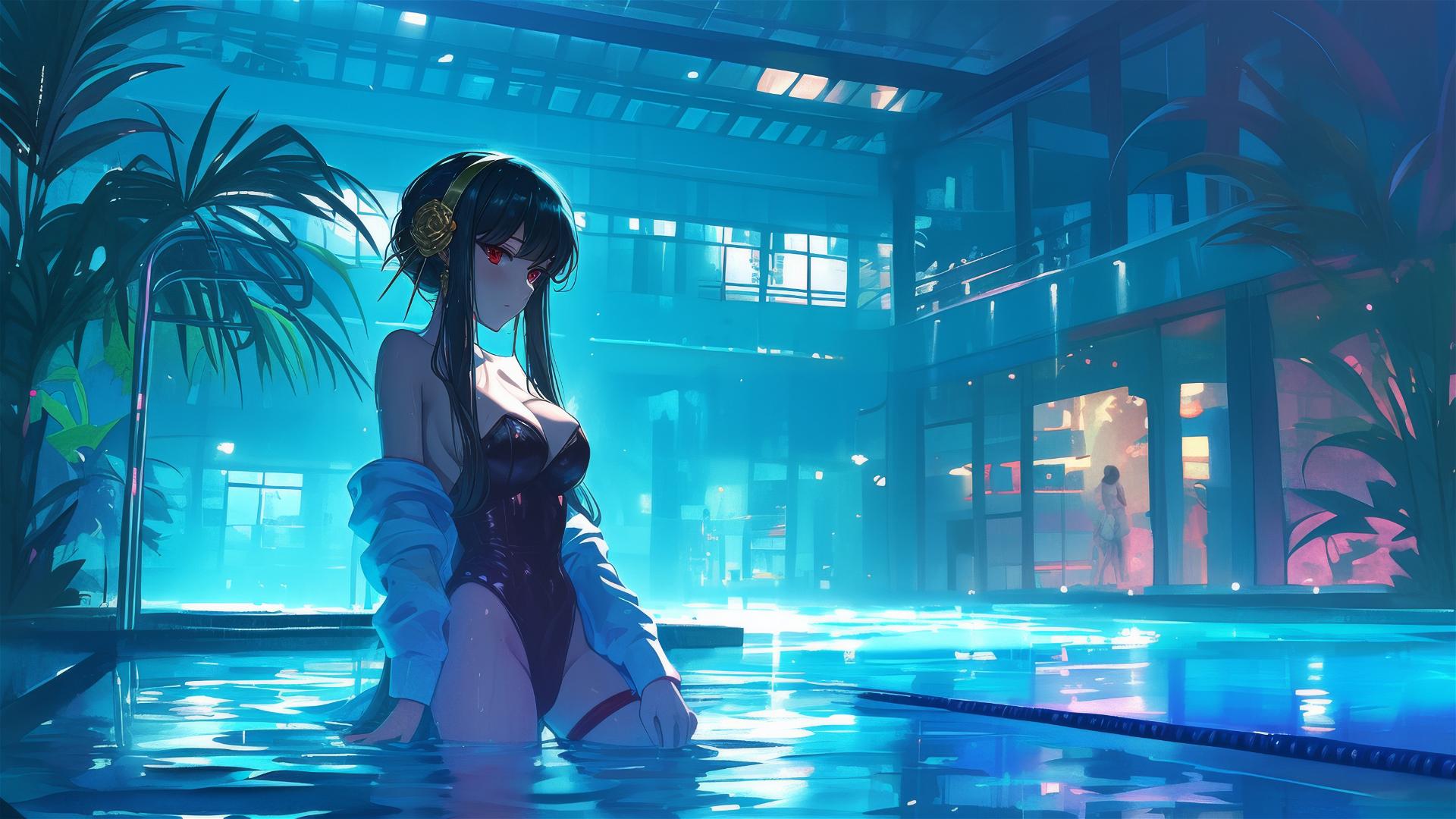 Yor Forger from Spy x Family in bunny girl outfit, standing in a pool under moonlight on a rainy day
