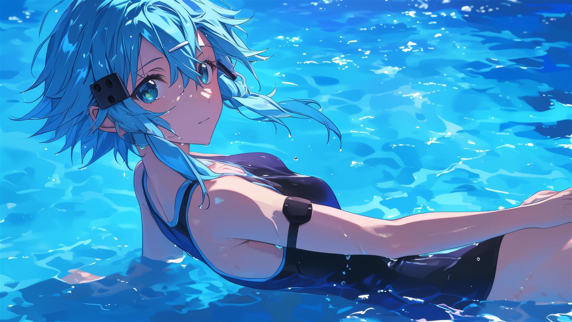 Sinon from SAO standing in a pool under moonlight with soft glow on her figure