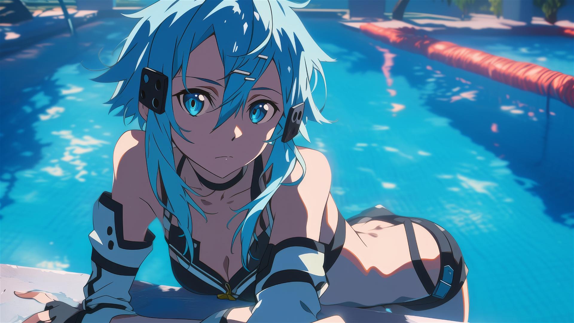 Image of Sinon from Sword Art Online resting by a pool under moonlight
