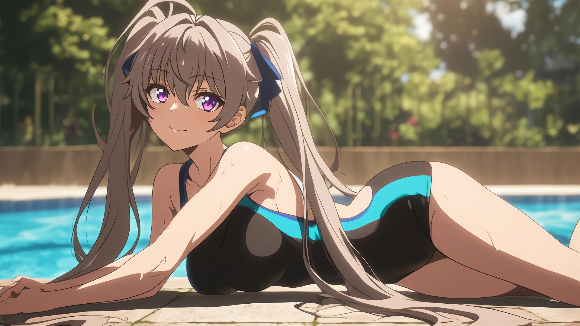Irina Shidou from High School DxD resting by the pool in moonlight, violet eyes, chestnut twintails, blue scrunchies.