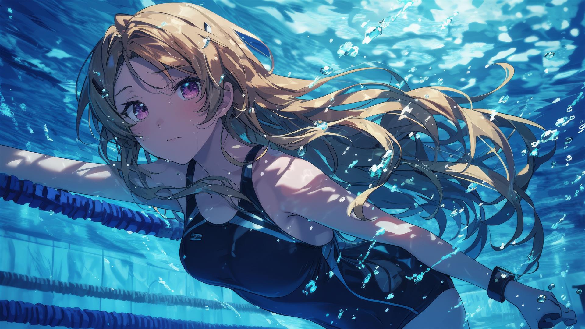Erina Nakiri swimming under moonlight with pinkish-purple eyes, blonde hair