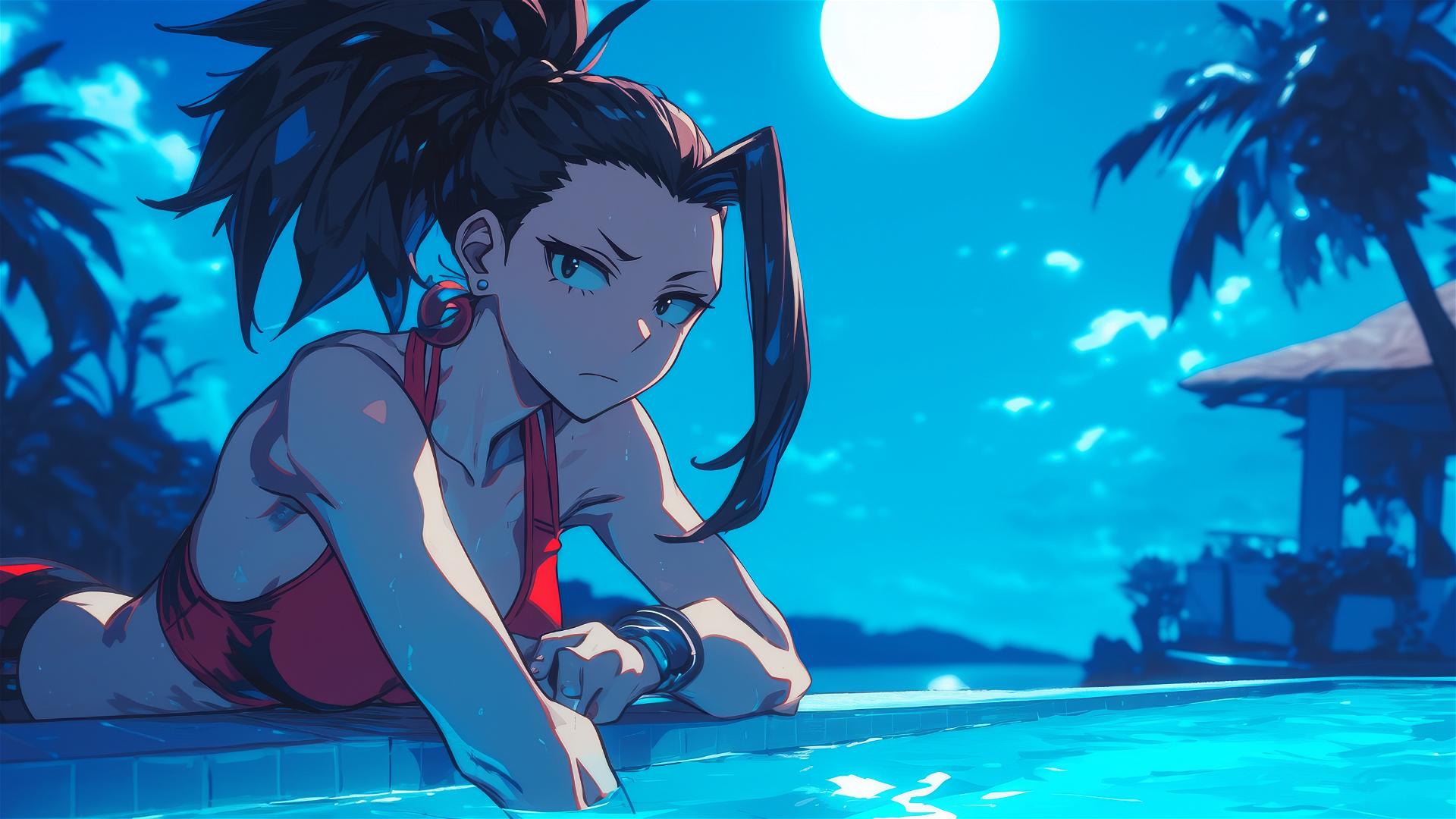 Momo Yaoyorozu resting by pool under moonlight