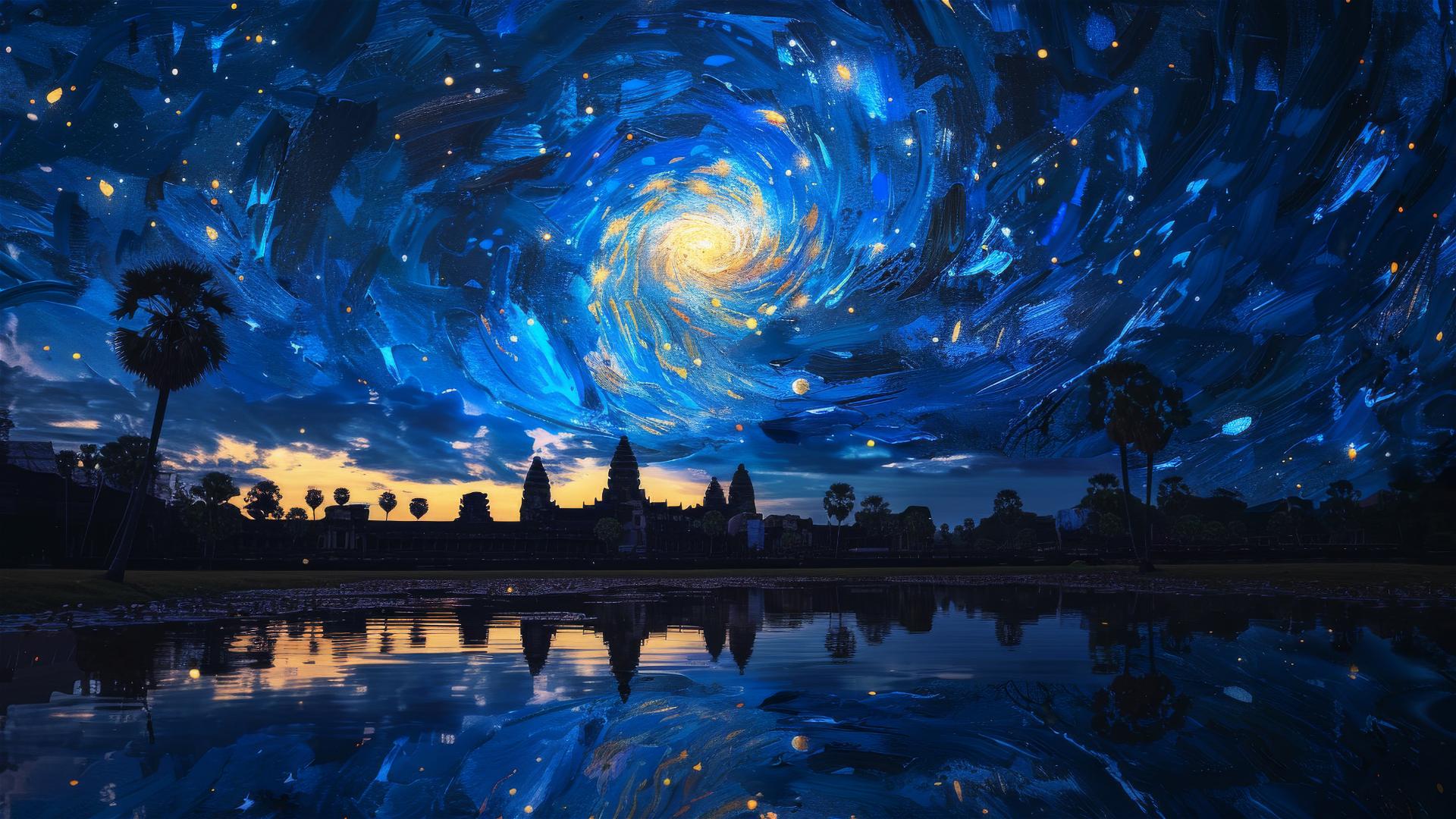 Angkor Wat at dawn with swirling stars in van Gogh style