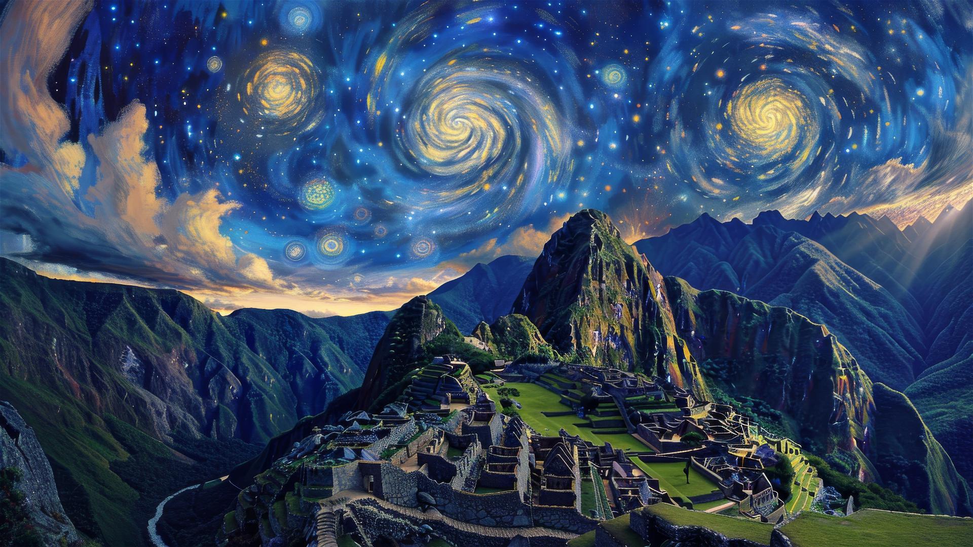 Machu Picchu at sunrise with star patterns in Van Gogh style sky