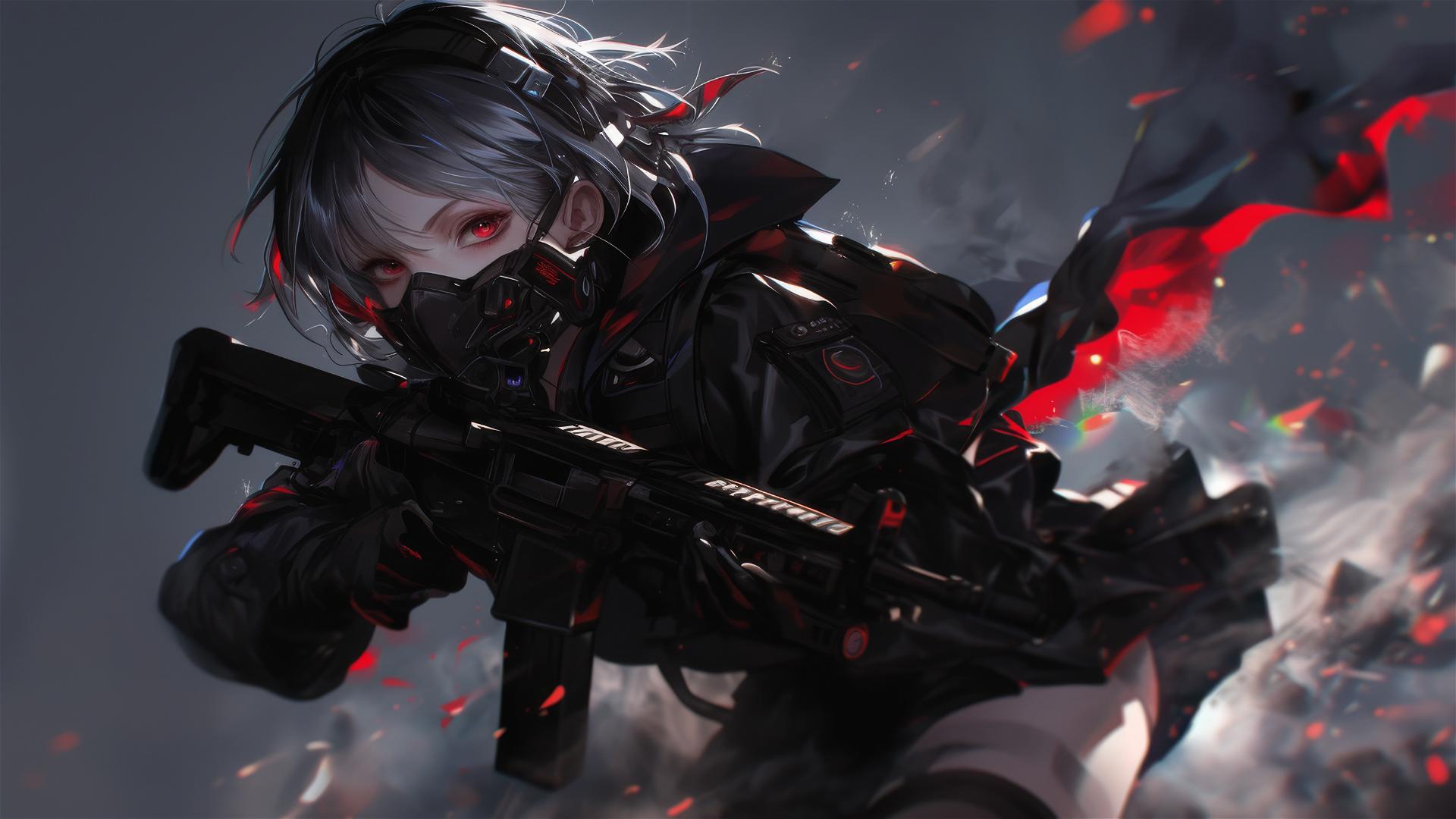 Tactical school girl with masked face in spotlight