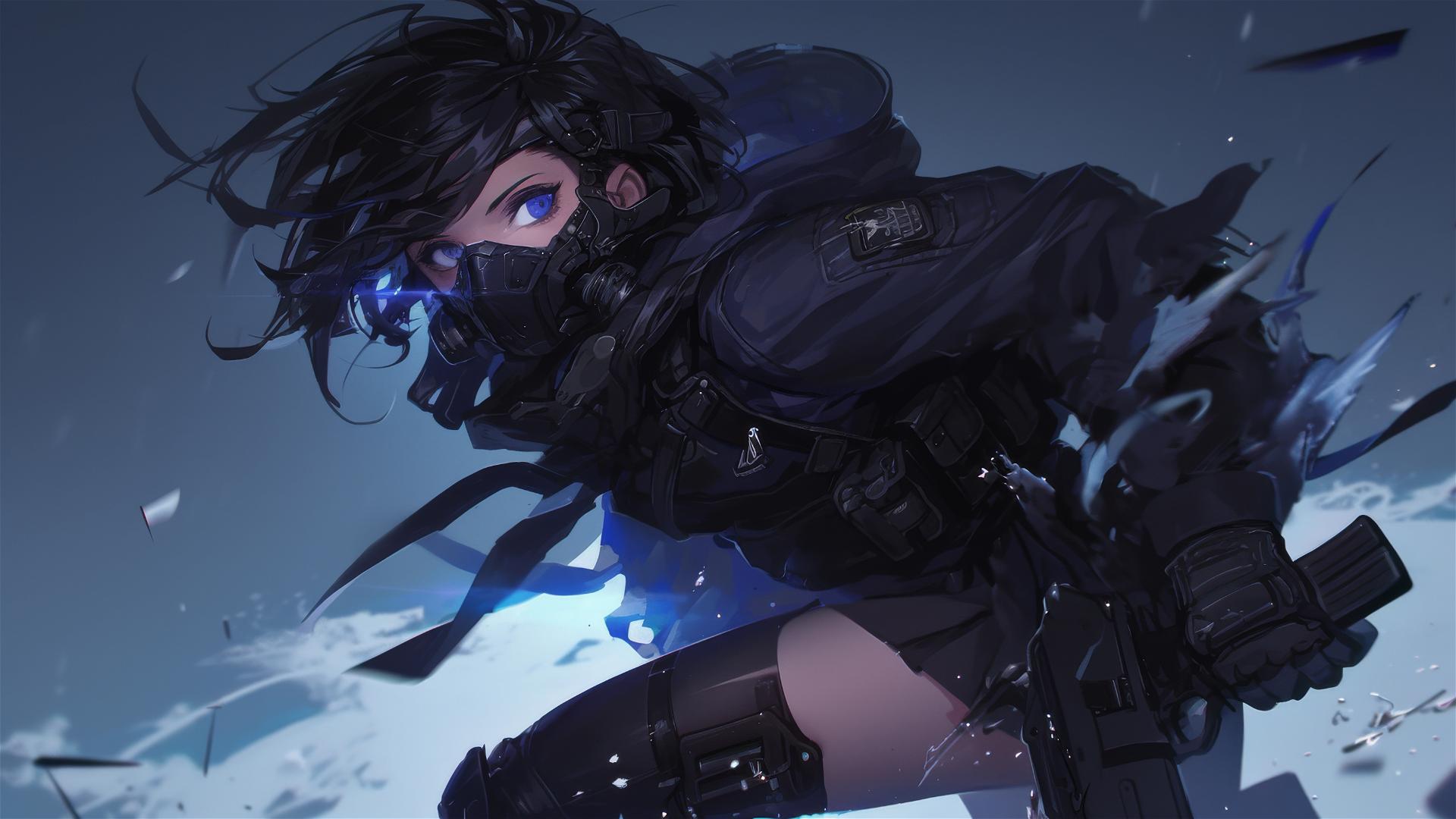 Tactical school girl with masked face and short hair in dynamic thigh-highlight pose on dark background with spotlight