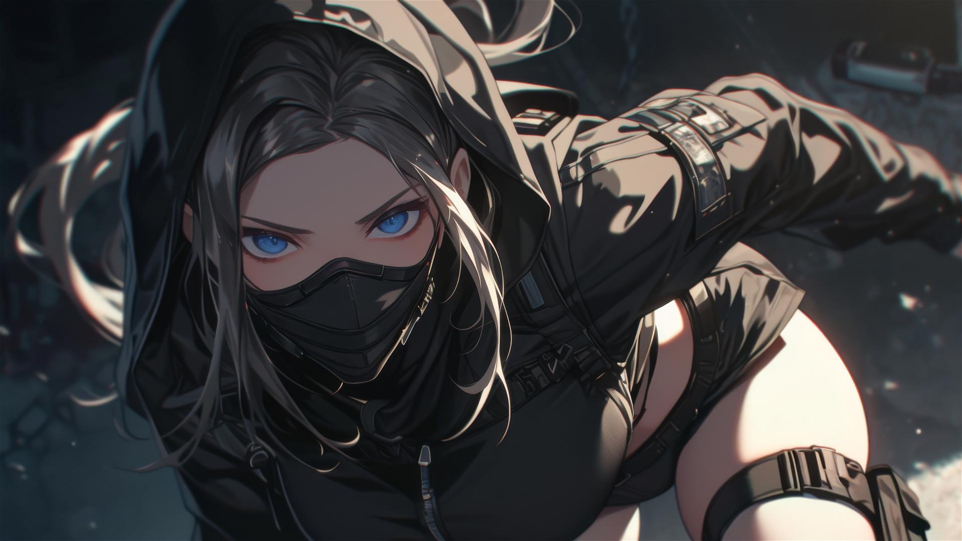 Tactical school girl with masked face and thigh focus in a dynamic pose