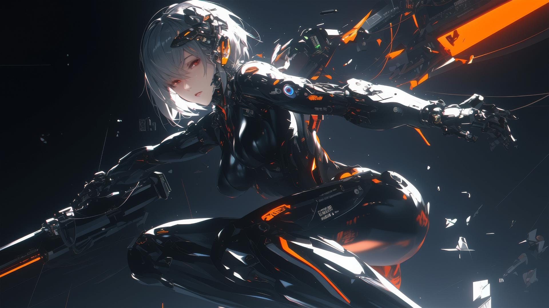 Cybernetic Agent Girl in dynamic pose with thigh focus on dark background