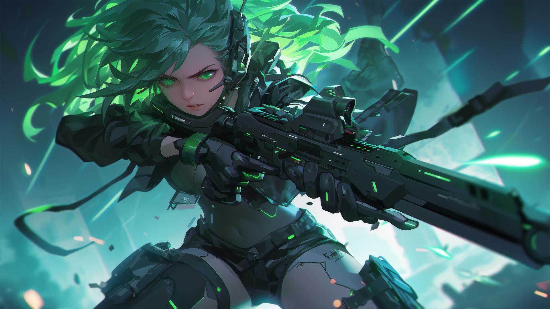 Cybernetic Agent Girl with thigh focus in dynamic pose on dark background with spotlight effect