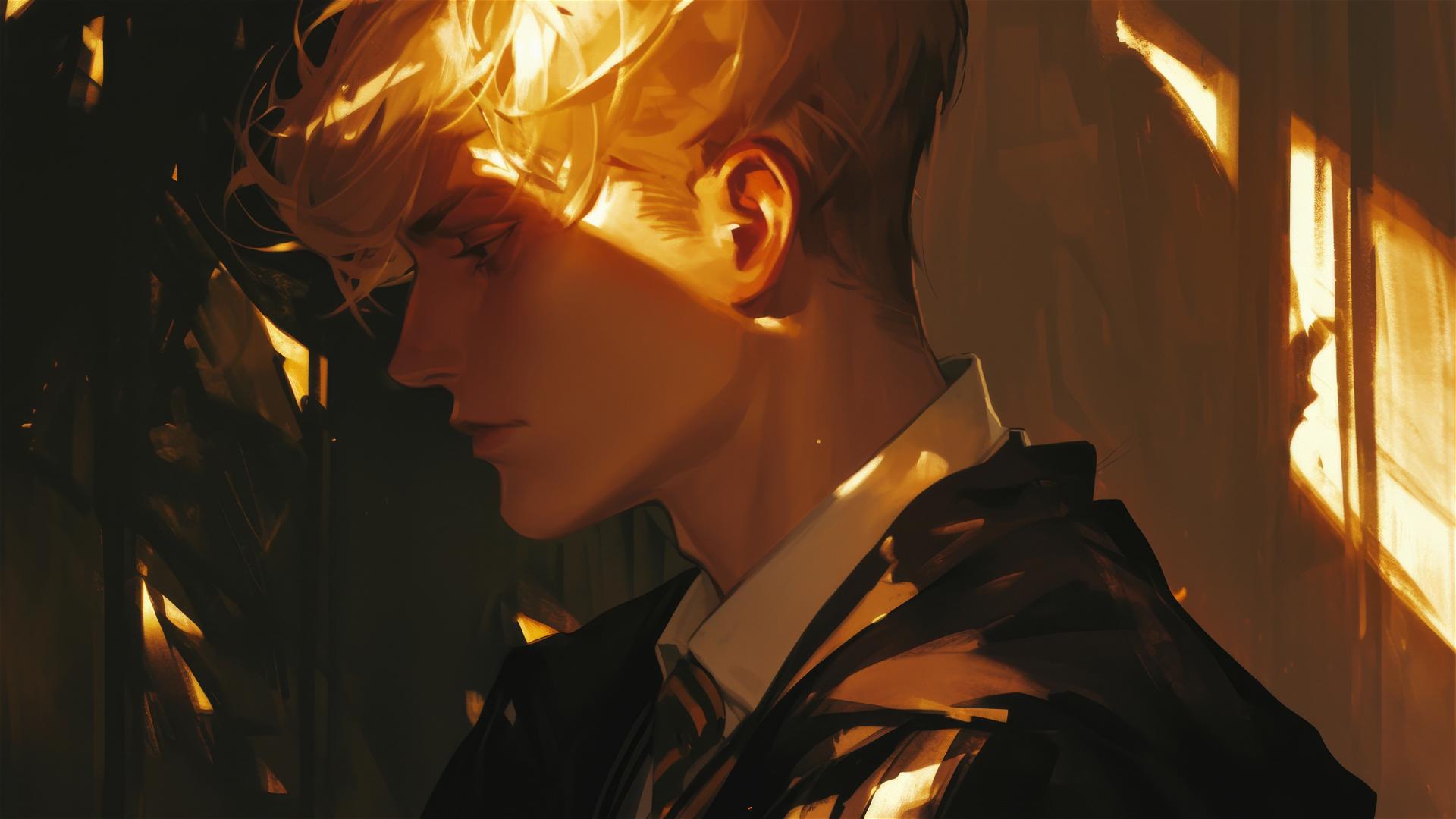 Draco Malfoy illustration with dark background and golden spotlight