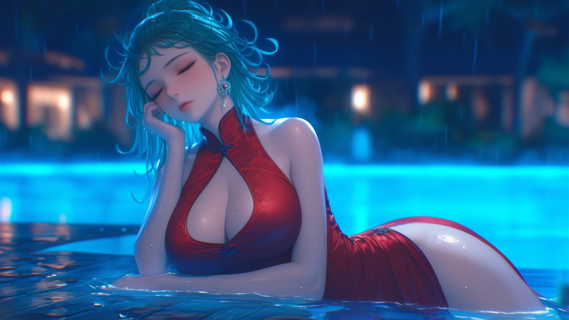 Tatsumaki from One-Punch Man relaxing by poolside under moonlight on rainy night, in a red dress