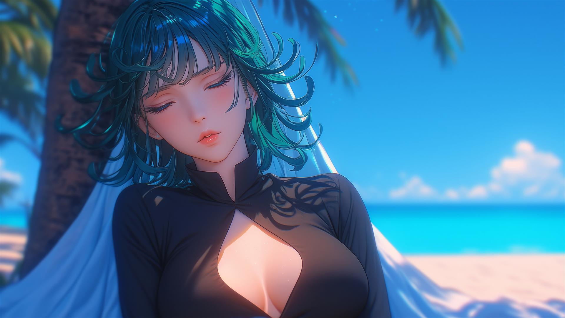 Tatsumaki from One-Punch Man resting by a pool under moonlight