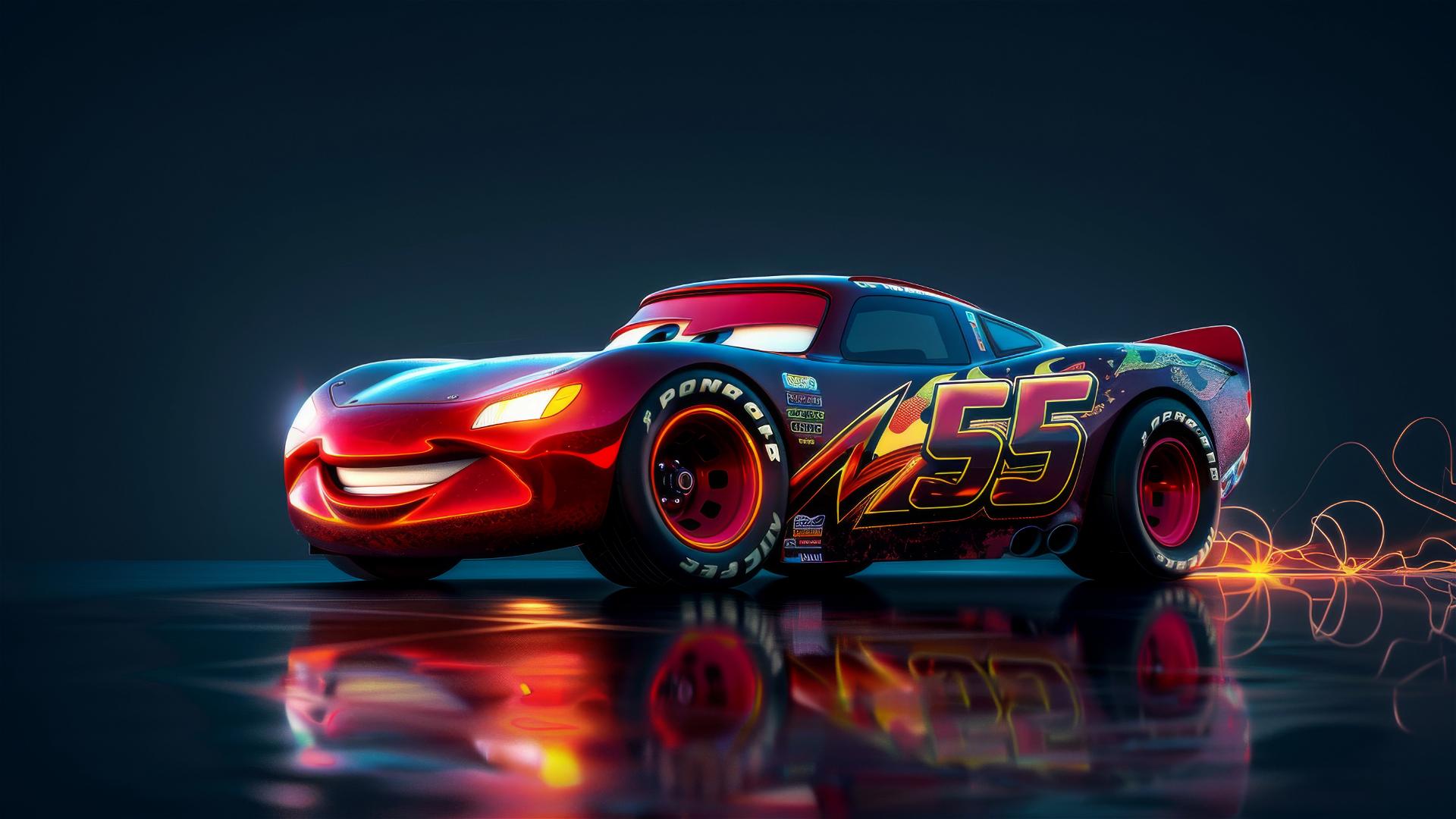 Lightning McQueen drawing in Harry Potter style with spotlight on dark background