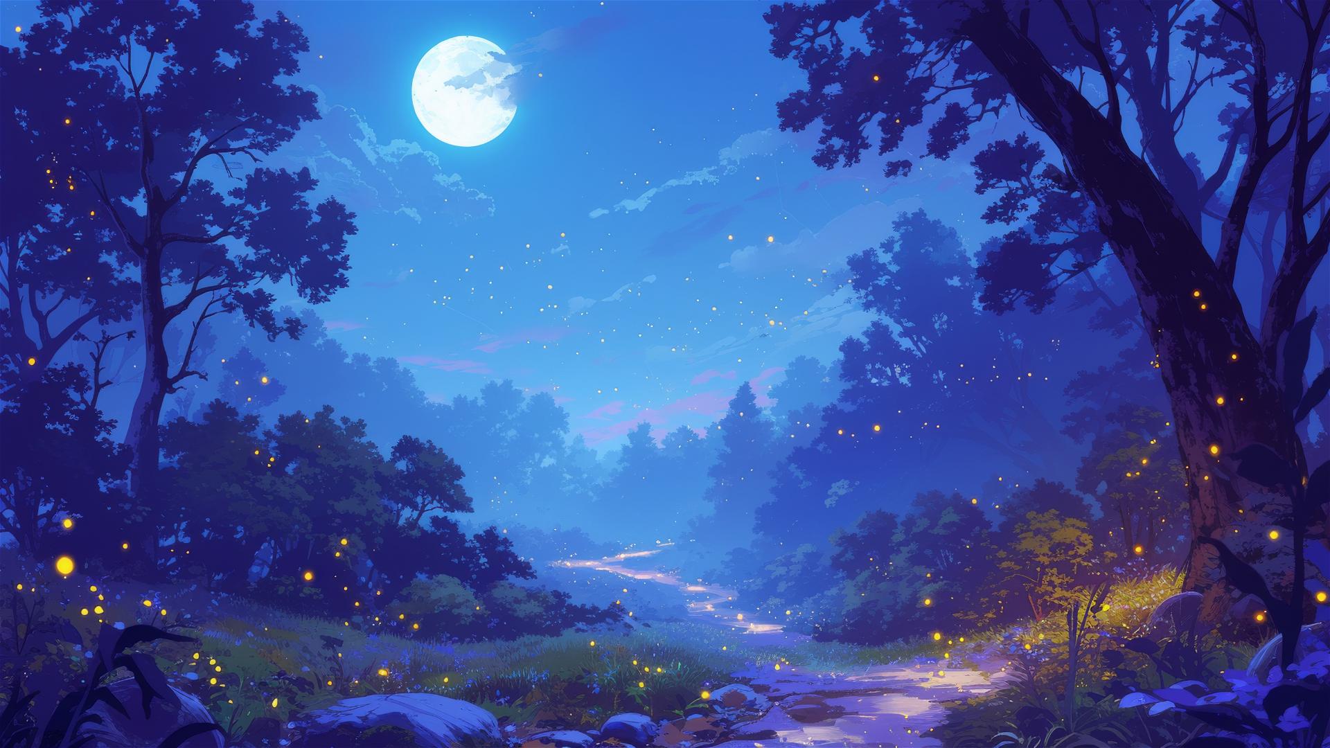 Glowing path in enchanted meadow with fireflies under full moon