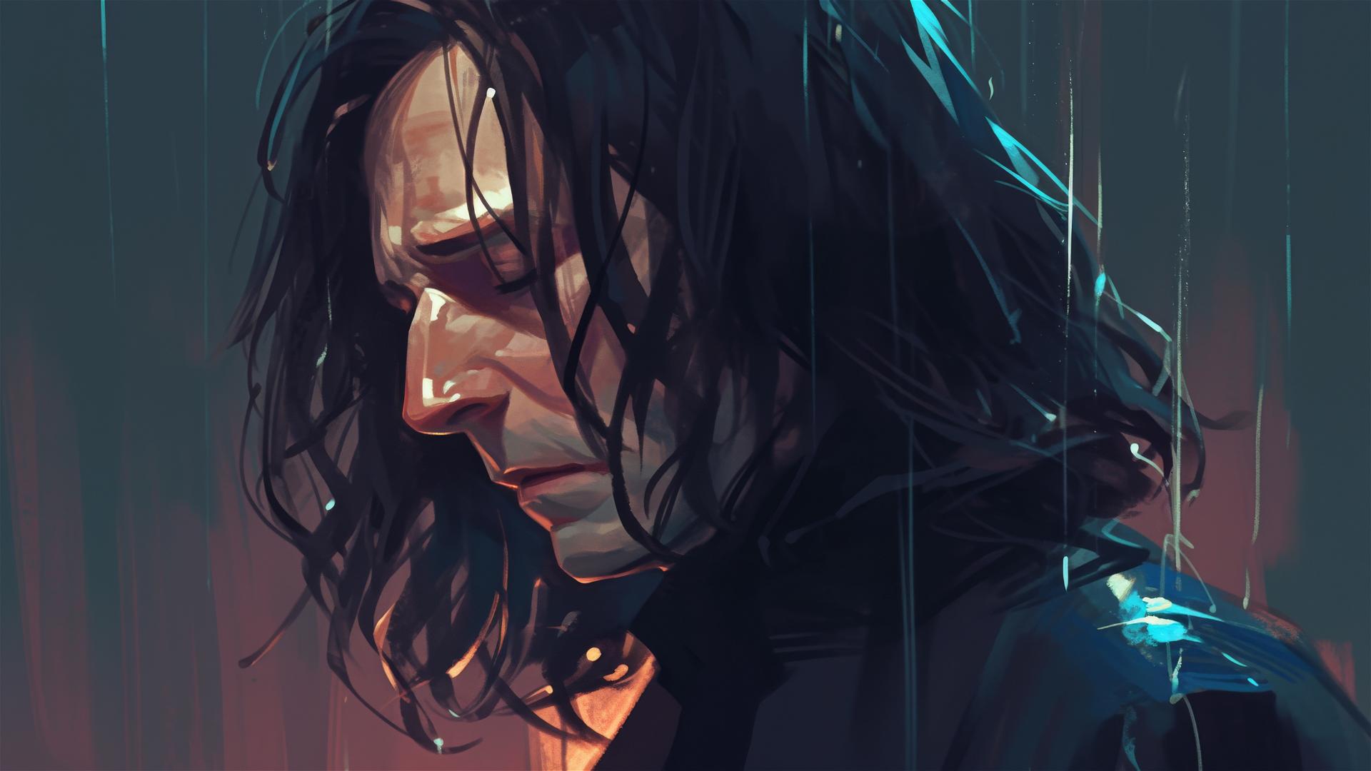 Illustration of Snape from Harry Potter with dark background and spotlight