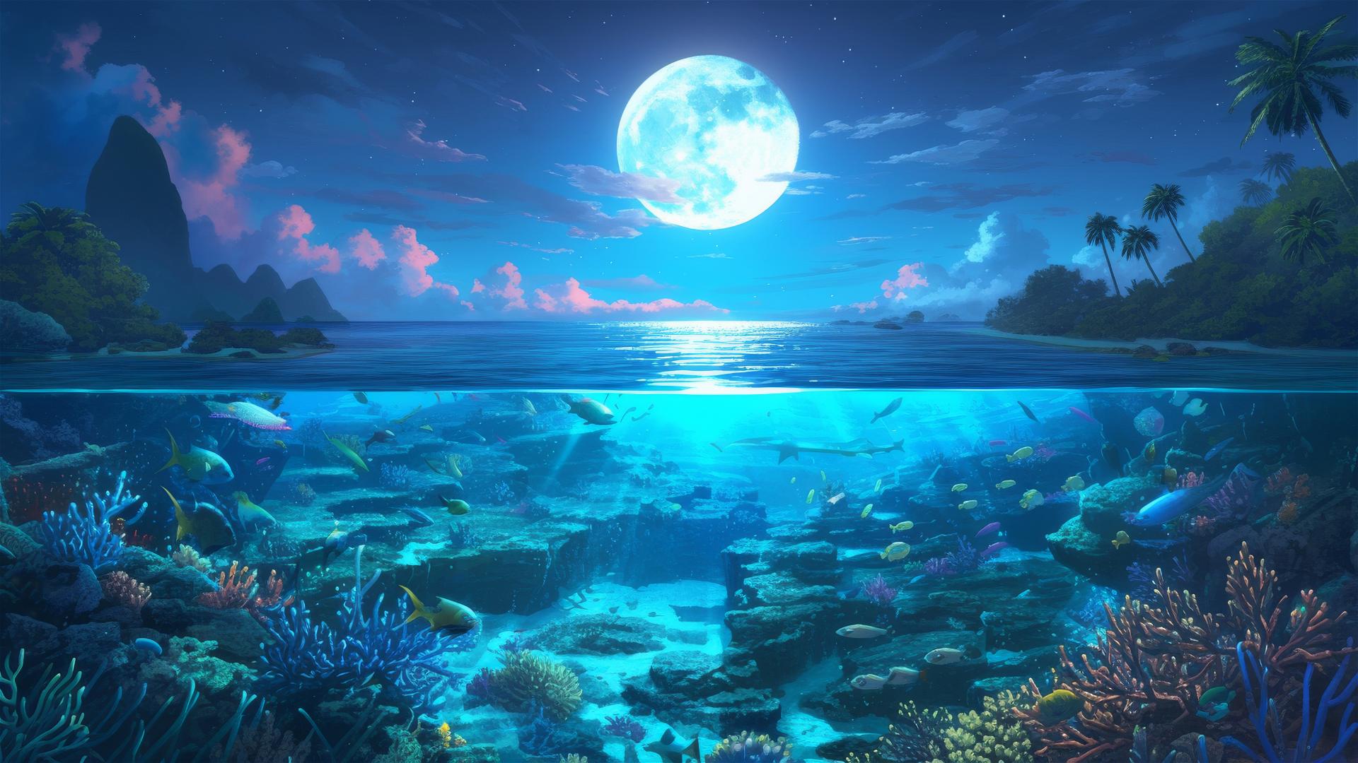 Lagoon with glowing corals under full moon