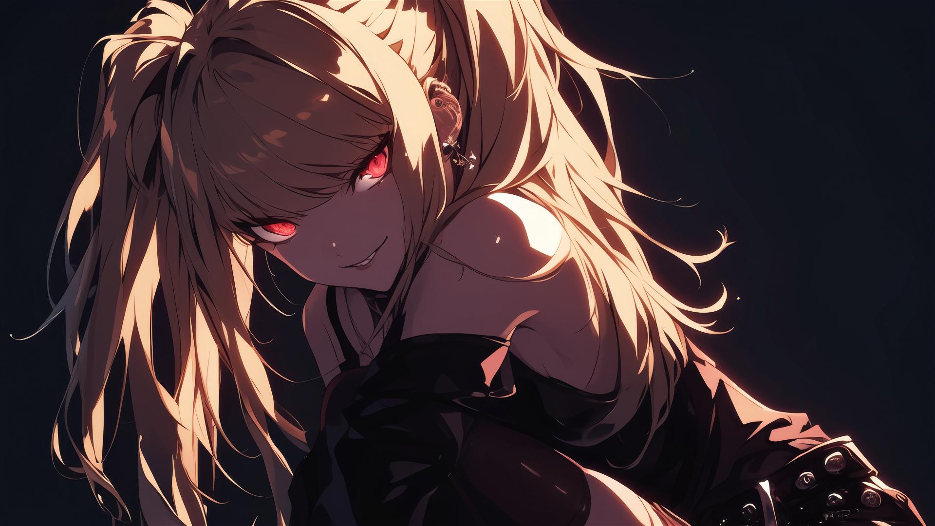 Misa Amane from Death Note with red eyes in spotlight on dark background
