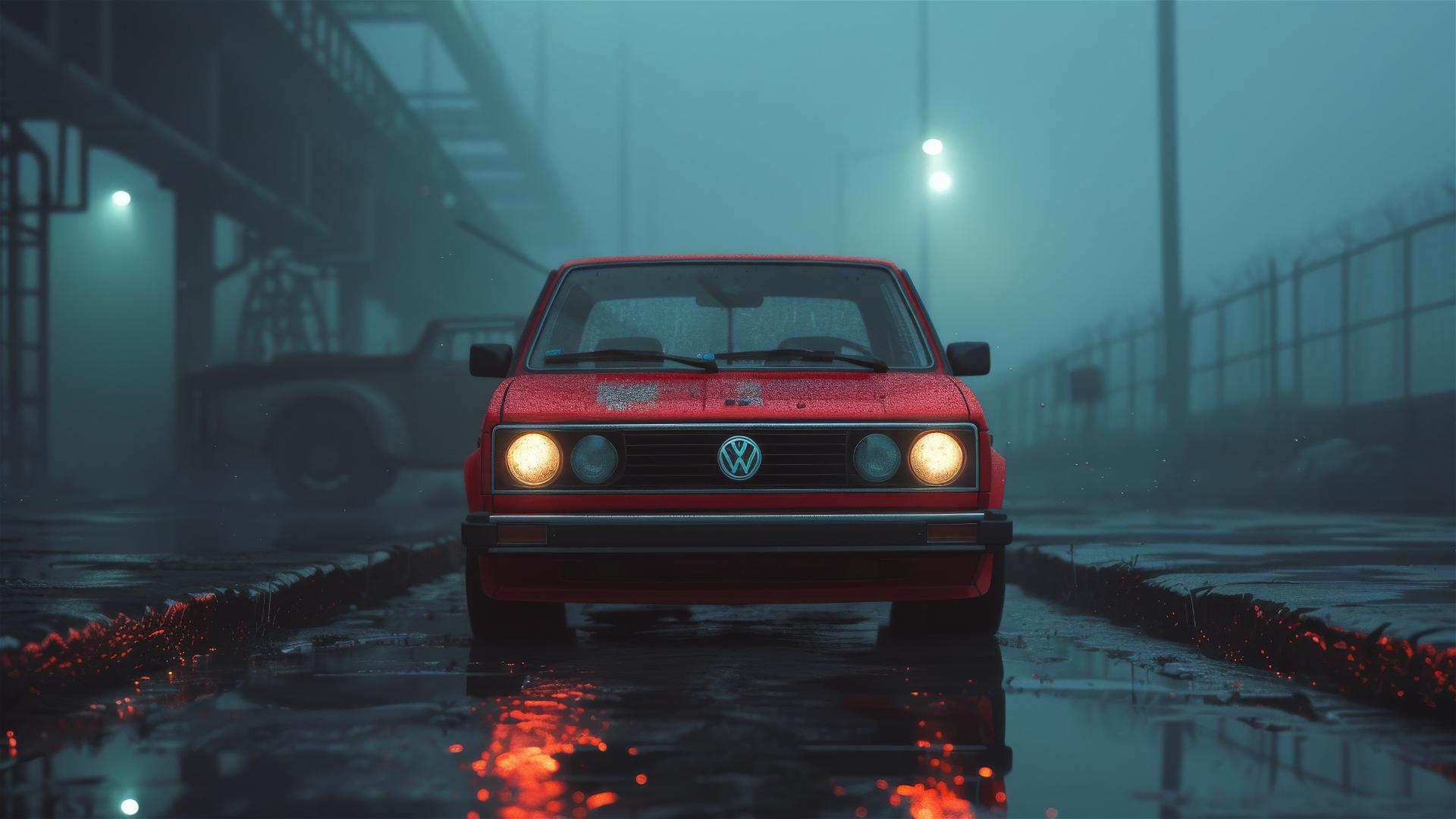 Closeup view of a Volkswagen Jetta in gothic gloomy dim lighting, surrounded by fog, 8K photorealistic image