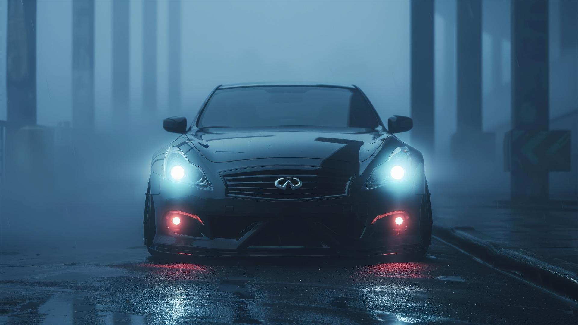 Closeup view of an Infiniti G37 in foggy, dim, gothic gloomy lighting.