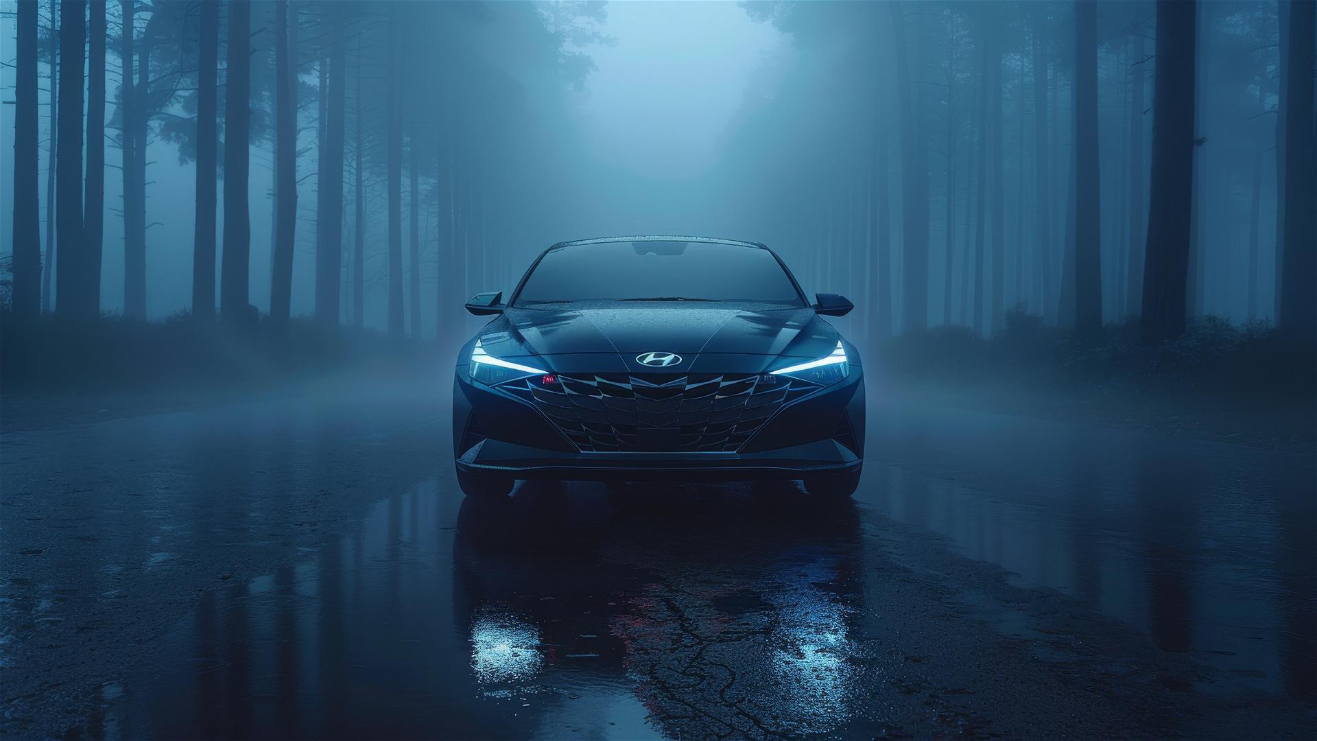 Hyundai Elantra in dim, gothic gloomy setting with fog