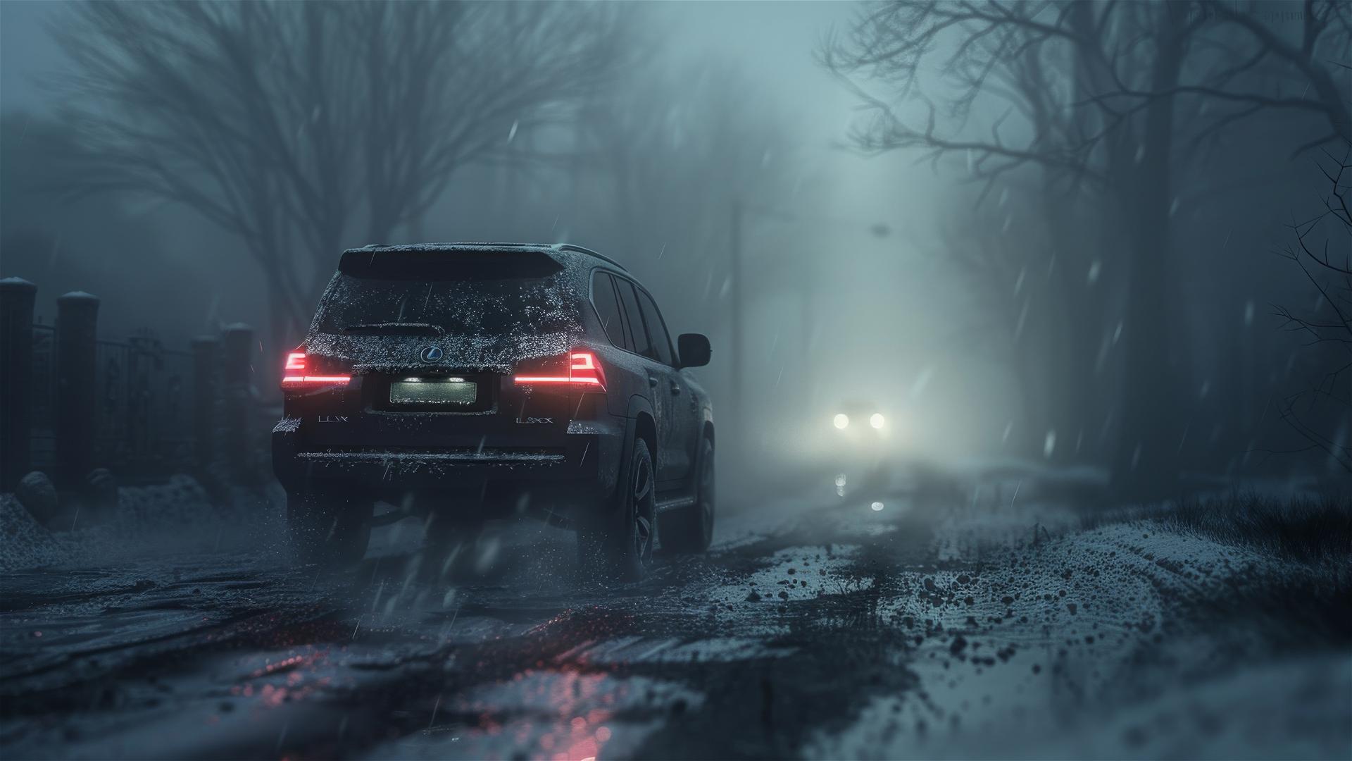 Closeup of Lexus LX in dim, foggy lighting with a gothic gloom