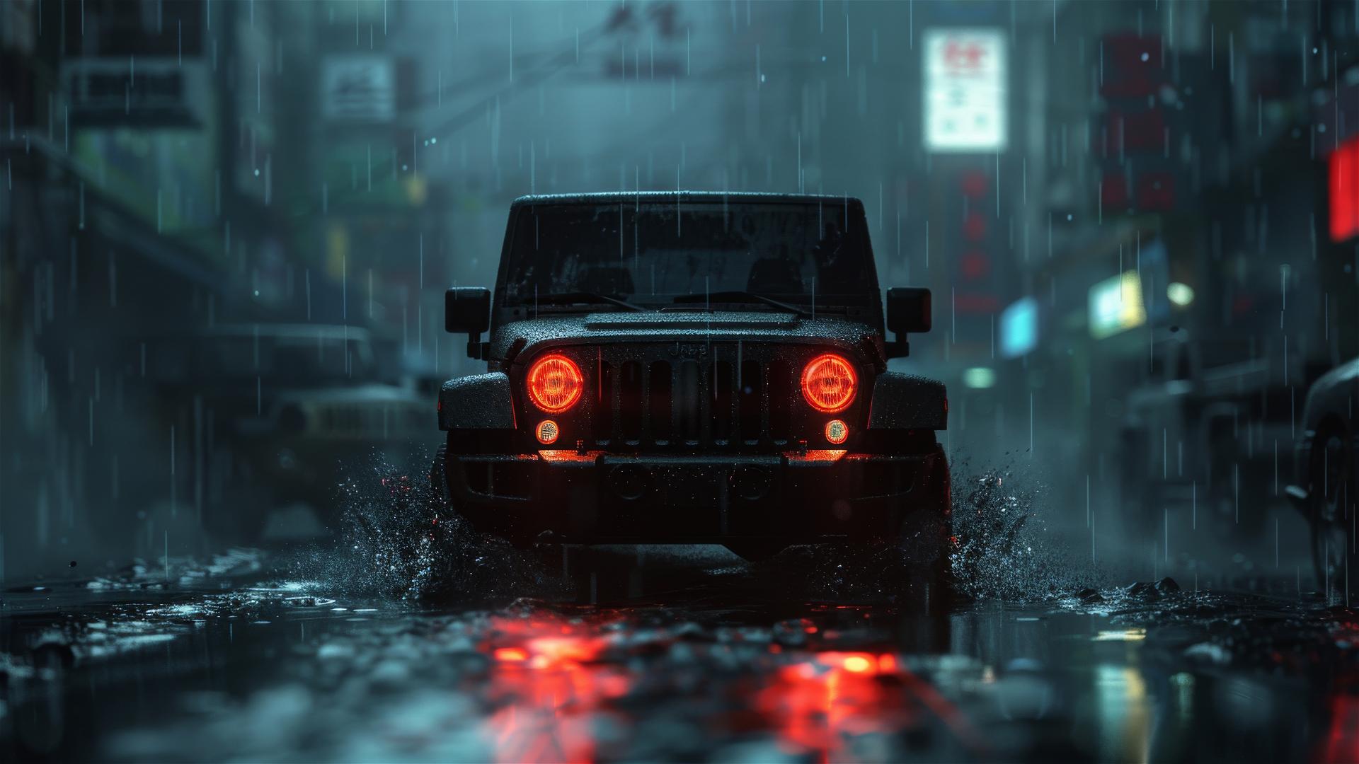Closeup of a Jeep Patriot in a foggy, dimly lit gothic setting