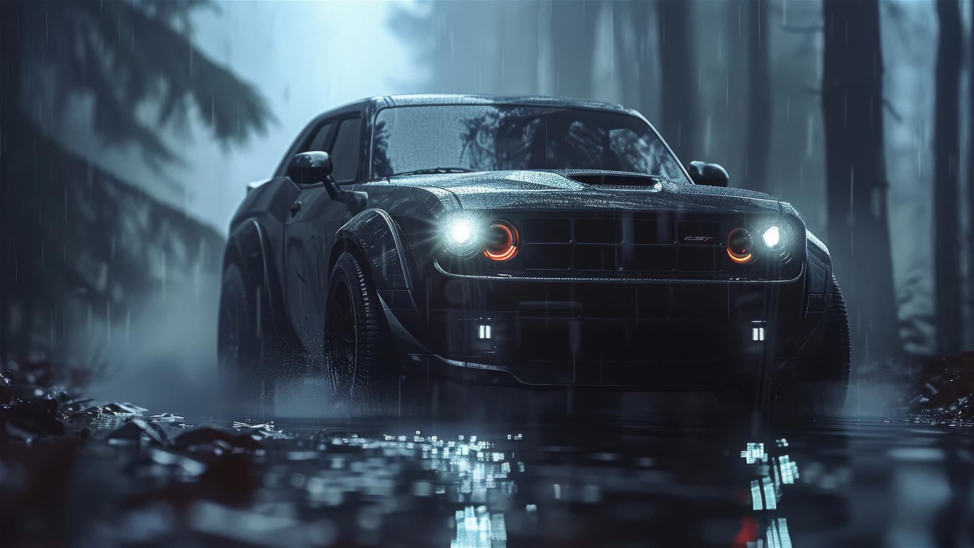 Foggy closeup view of a Dodge Nitro in dim, gothic gloomy lighting, in 8k photorealistic quality