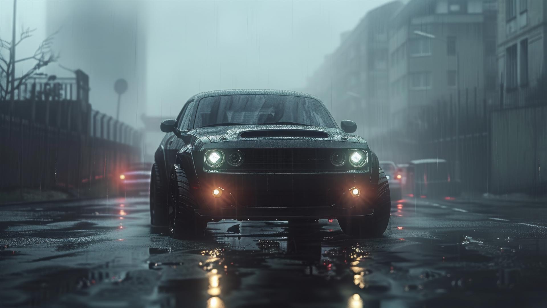 Photorealistic closeup of a Dodge Nitro in dim lighting with foggy, gothic atmosphere