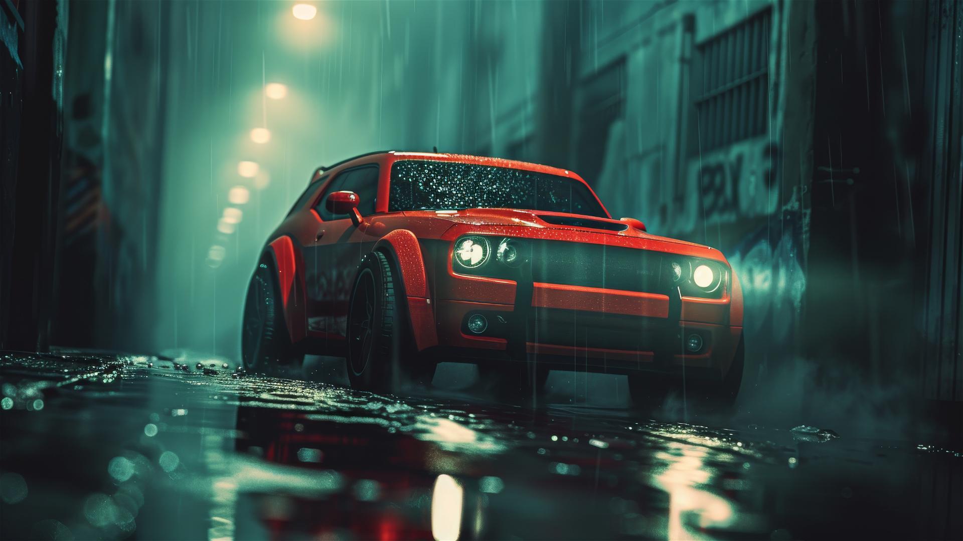 Dodge Nitro in dim light with gothic gloomy atmosphere, photorealistic closeup